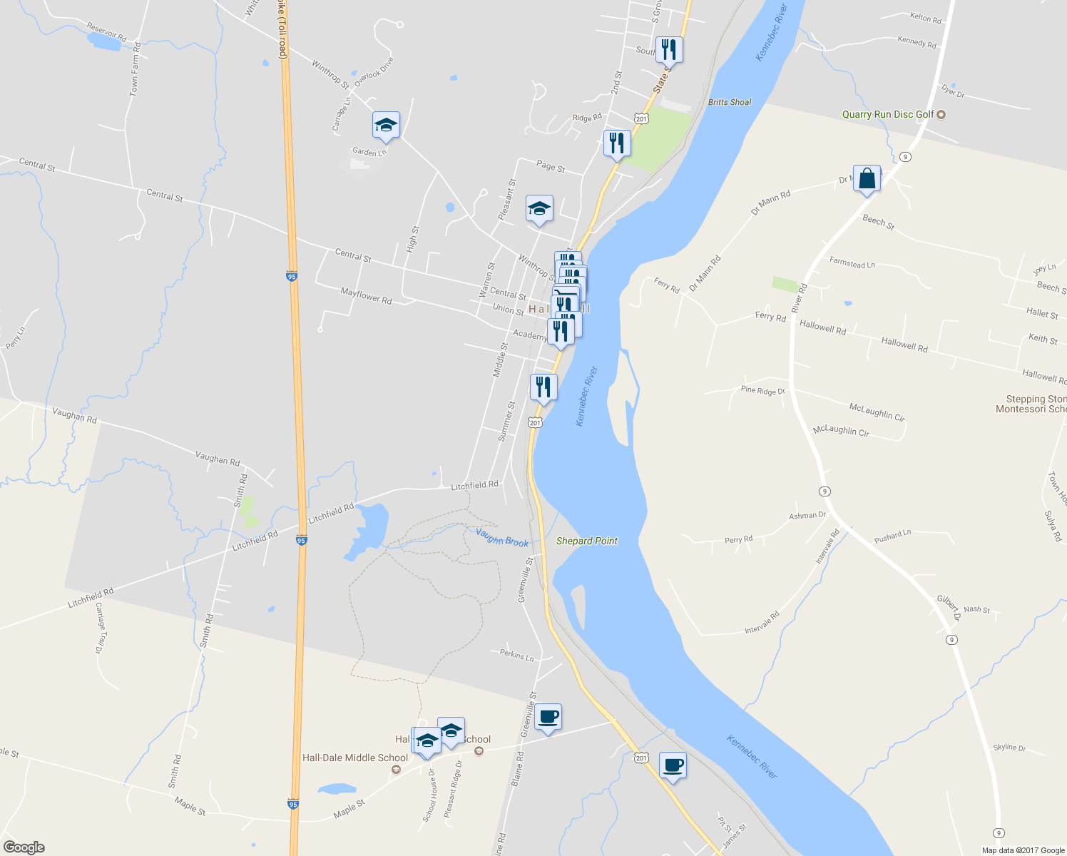 map of restaurants, bars, coffee shops, grocery stores, and more near 249 Water Street in Hallowell