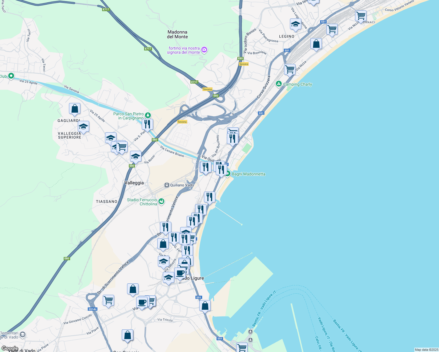 map of restaurants, bars, coffee shops, grocery stores, and more near 2 Strada Statale 1 Variante Aurelia di La Spezia in Vado Ligure
