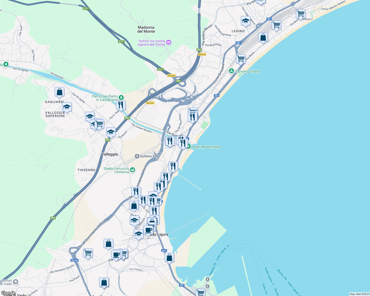 map of restaurants, bars, coffee shops, grocery stores, and more near 2 Strada Statale 1 Variante Aurelia di La Spezia in Vado Ligure