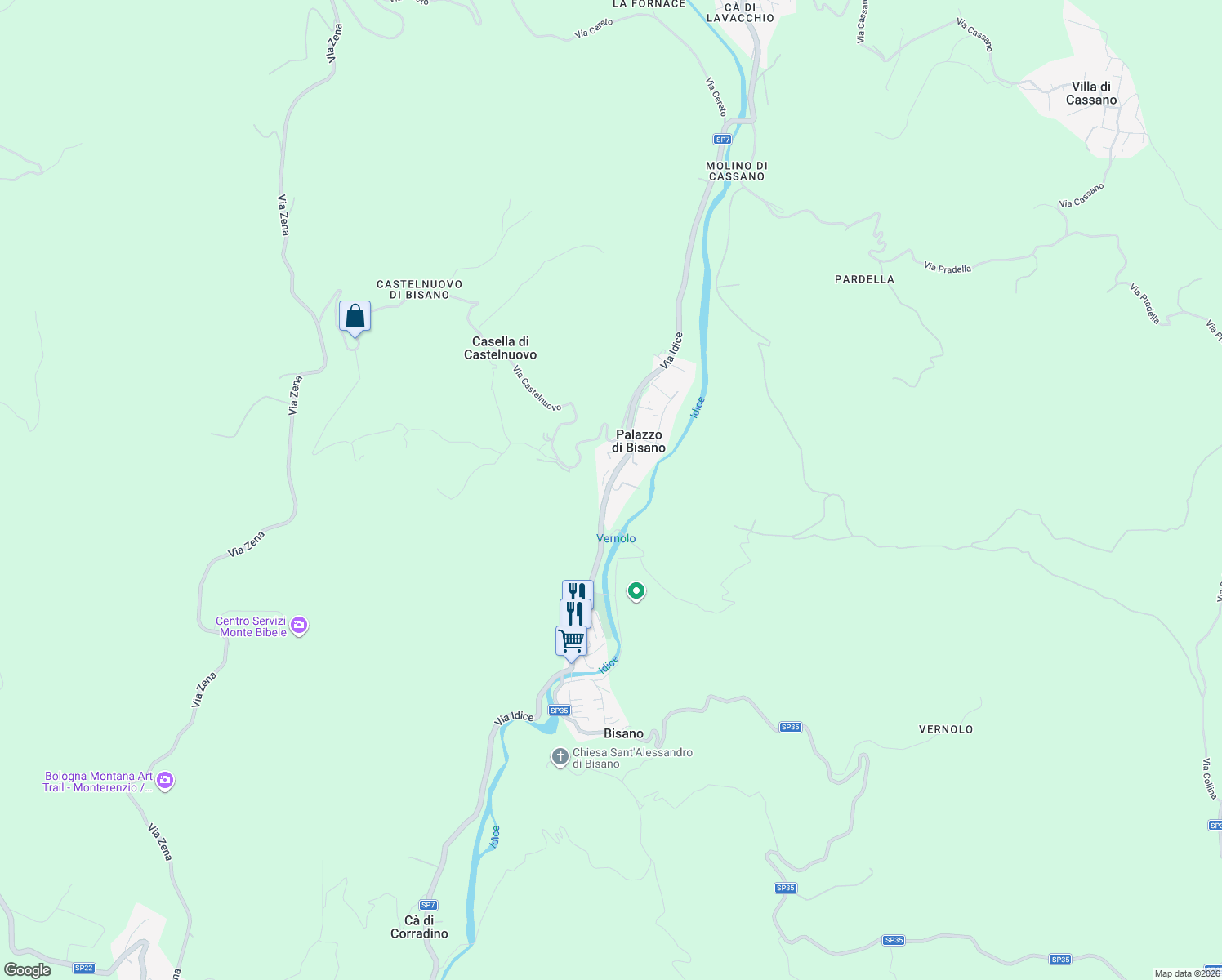 map of restaurants, bars, coffee shops, grocery stores, and more near 301 Via Idice in Palazzo di Bisano