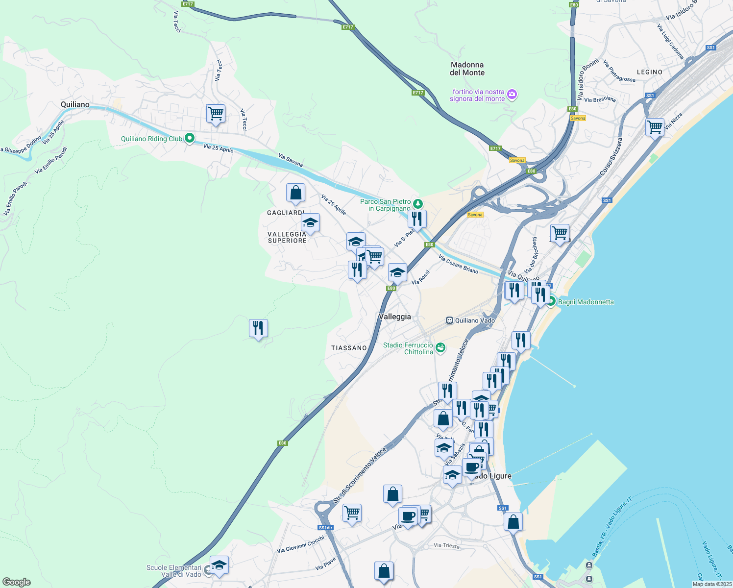 map of restaurants, bars, coffee shops, grocery stores, and more near 7 Via Vietta in Valleggia