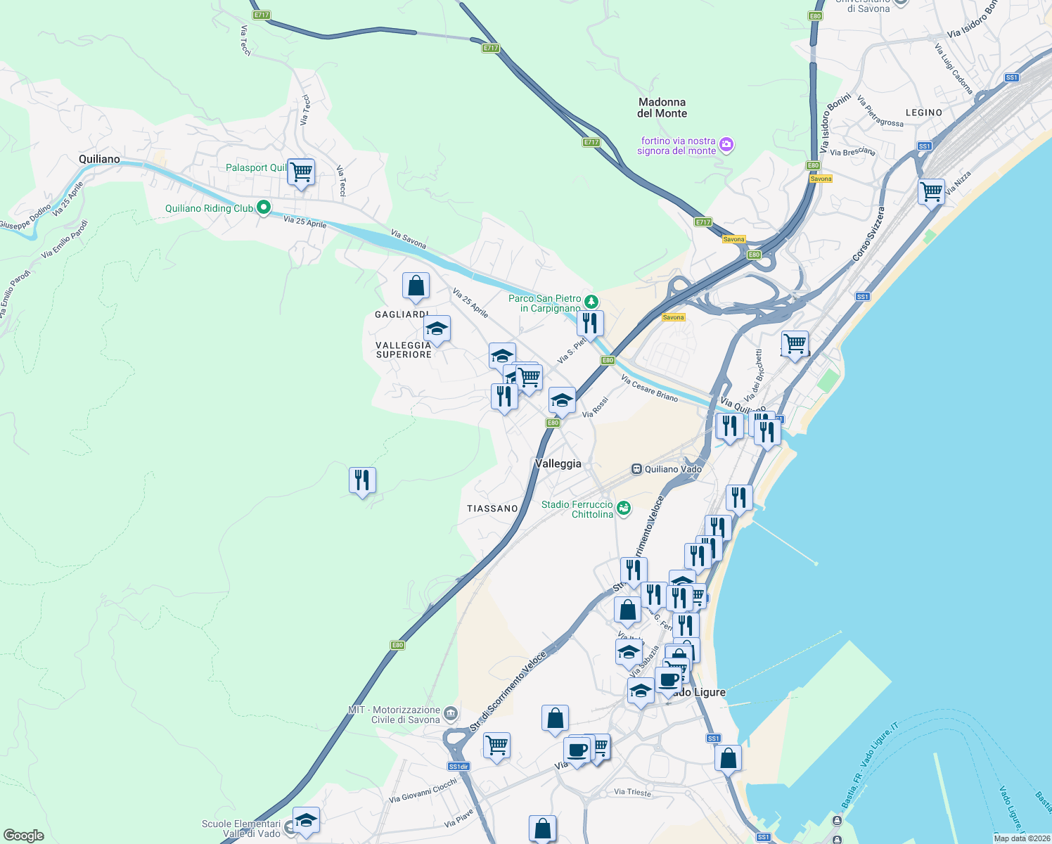map of restaurants, bars, coffee shops, grocery stores, and more near 7 Via Vietta in Valleggia