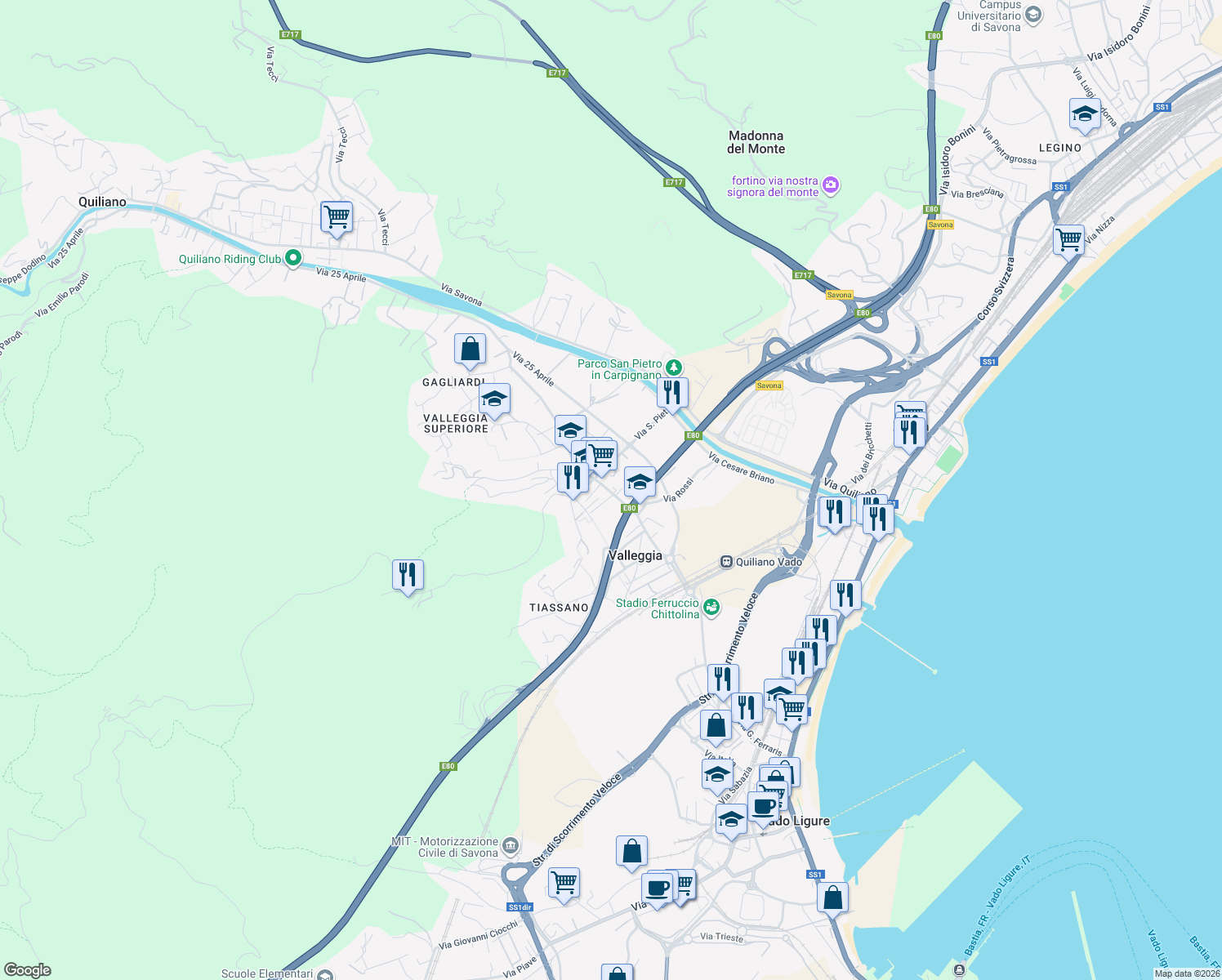 map of restaurants, bars, coffee shops, grocery stores, and more near 27 Via Armando Diaz in Valleggia