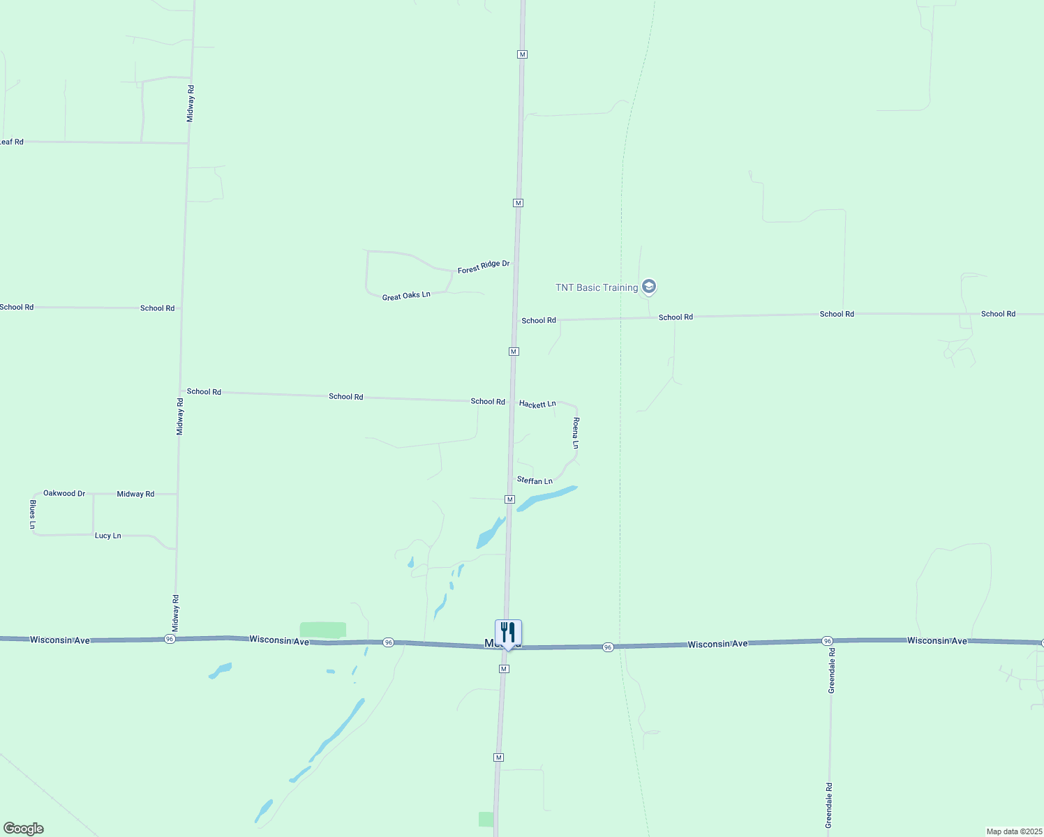 map of restaurants, bars, coffee shops, grocery stores, and more near W8895 Hackett Ln in Hortonville