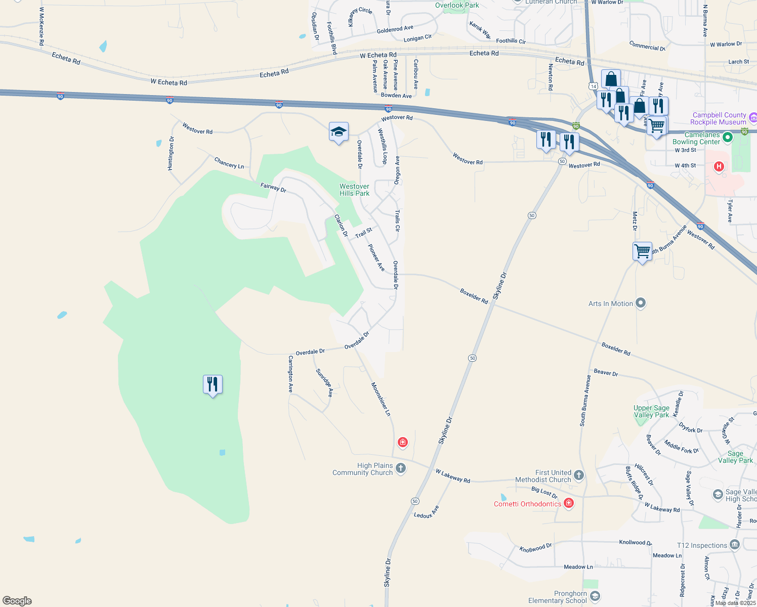 map of restaurants, bars, coffee shops, grocery stores, and more near 3498 Tee Ct in Gillette