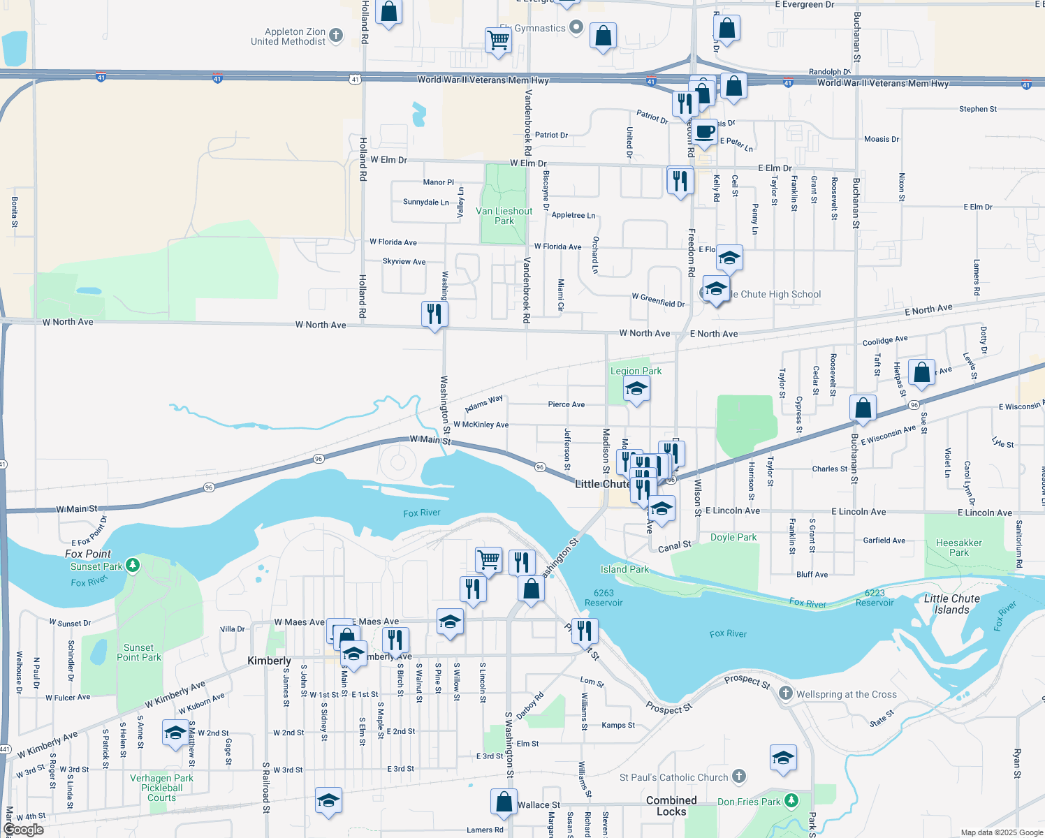 map of restaurants, bars, coffee shops, grocery stores, and more near 700 West McKinley Avenue in Little Chute