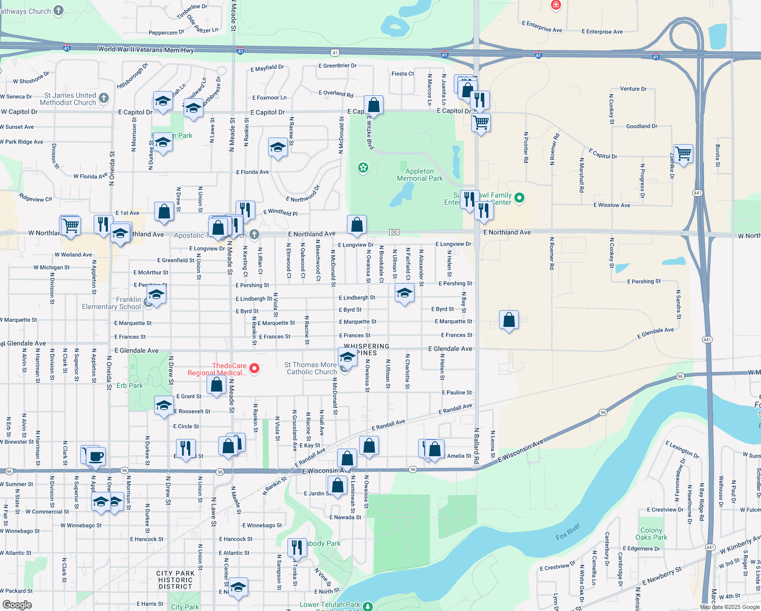map of restaurants, bars, coffee shops, grocery stores, and more near 1406 East Byrd Street in Appleton