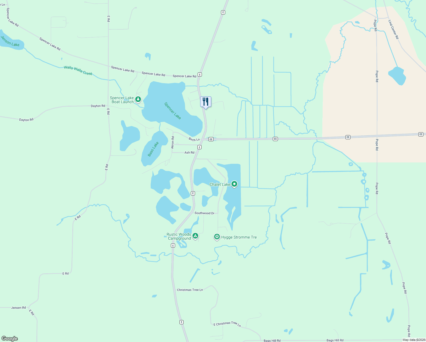 map of restaurants, bars, coffee shops, grocery stores, and more near N1205 Chalet Drive in Waupaca