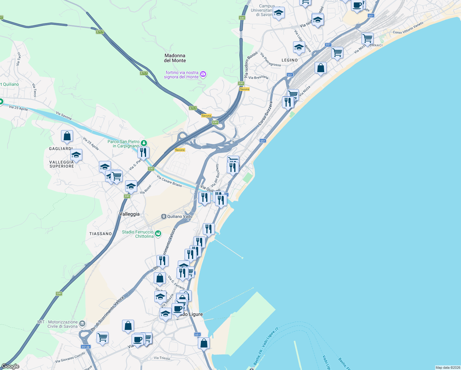 map of restaurants, bars, coffee shops, grocery stores, and more near 129 Strada Statale 1 Aurelia in Savona