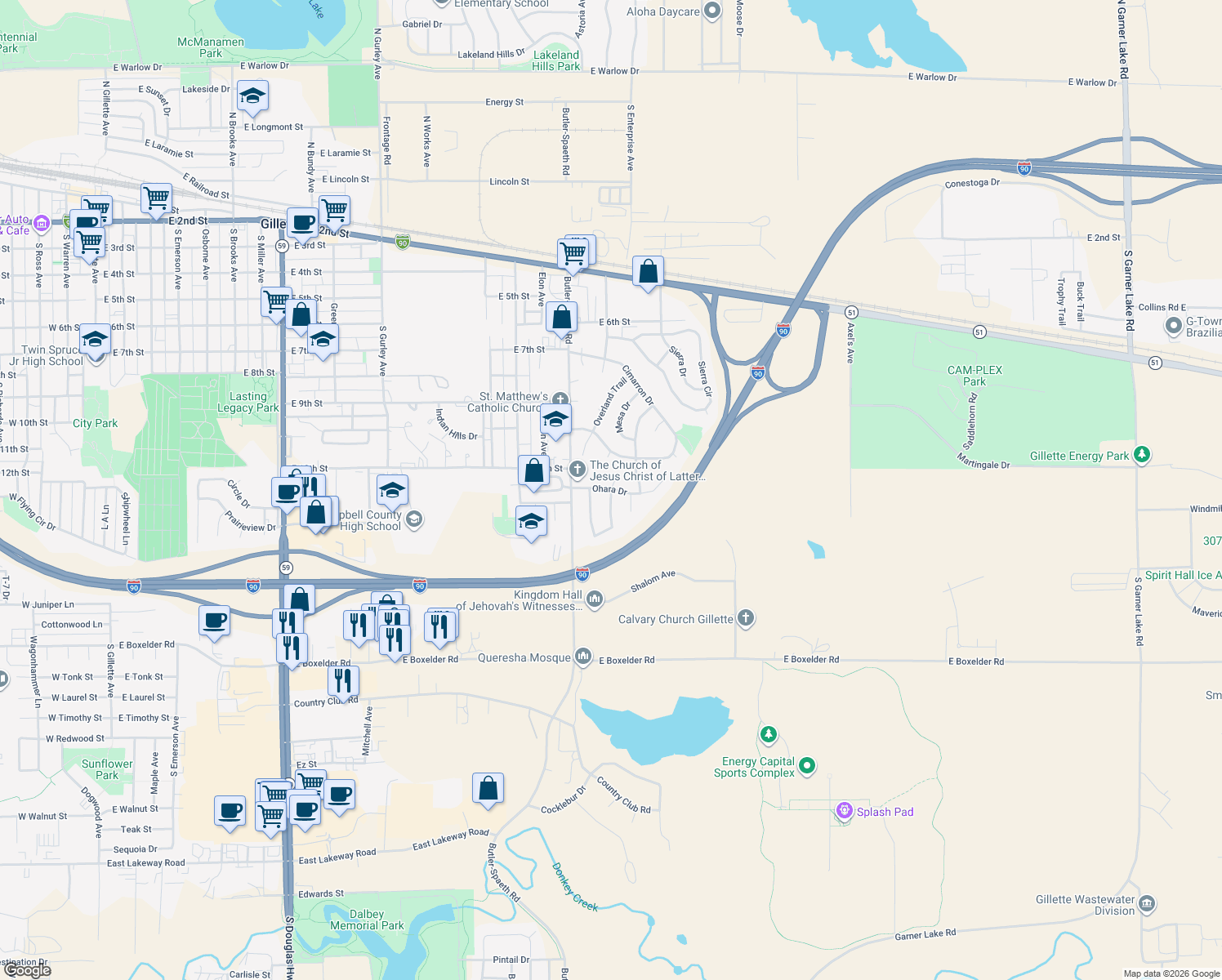 map of restaurants, bars, coffee shops, grocery stores, and more near 1302 Ohenry Drive in Gillette