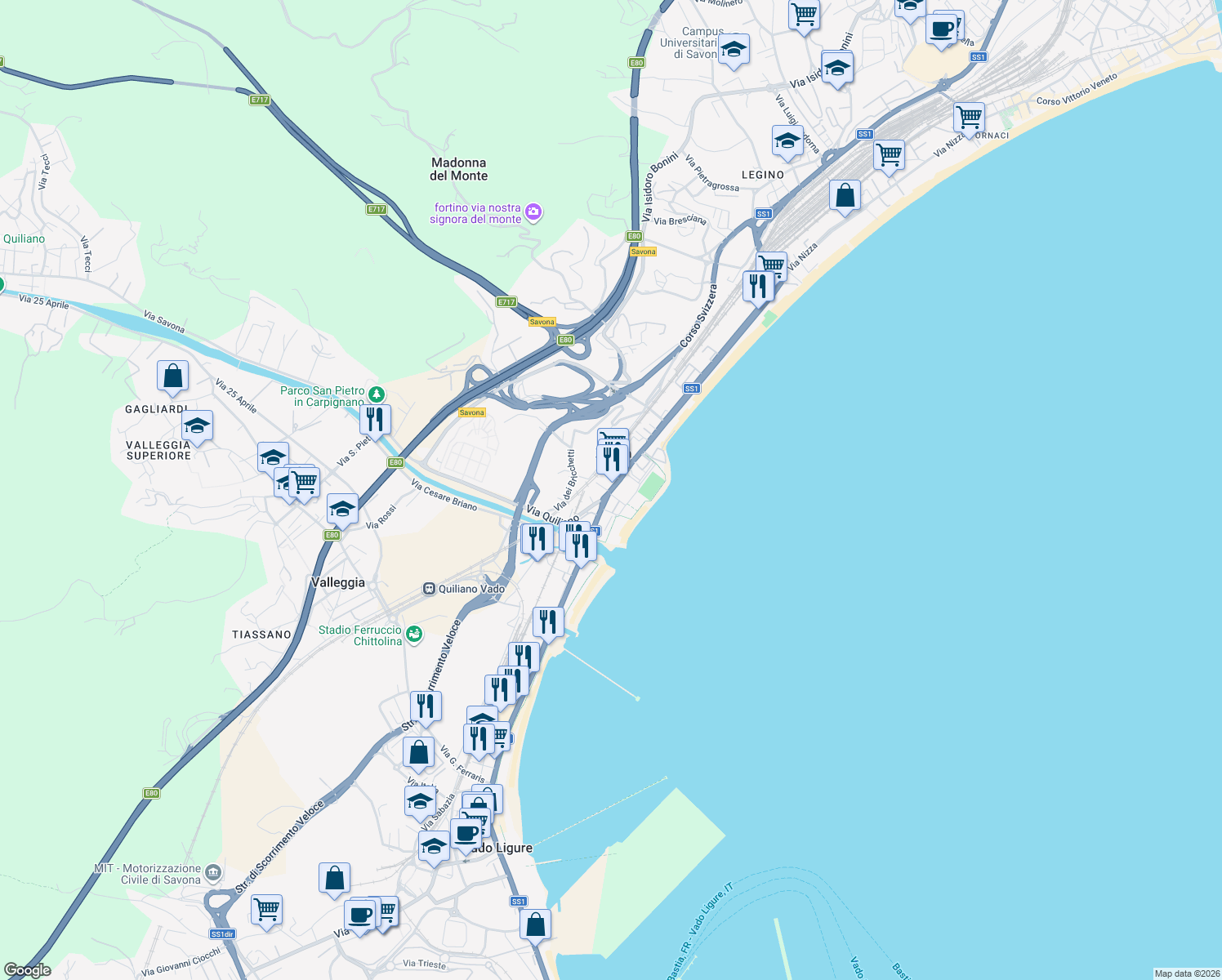 map of restaurants, bars, coffee shops, grocery stores, and more near 129 Strada Statale 1 Aurelia in Savona