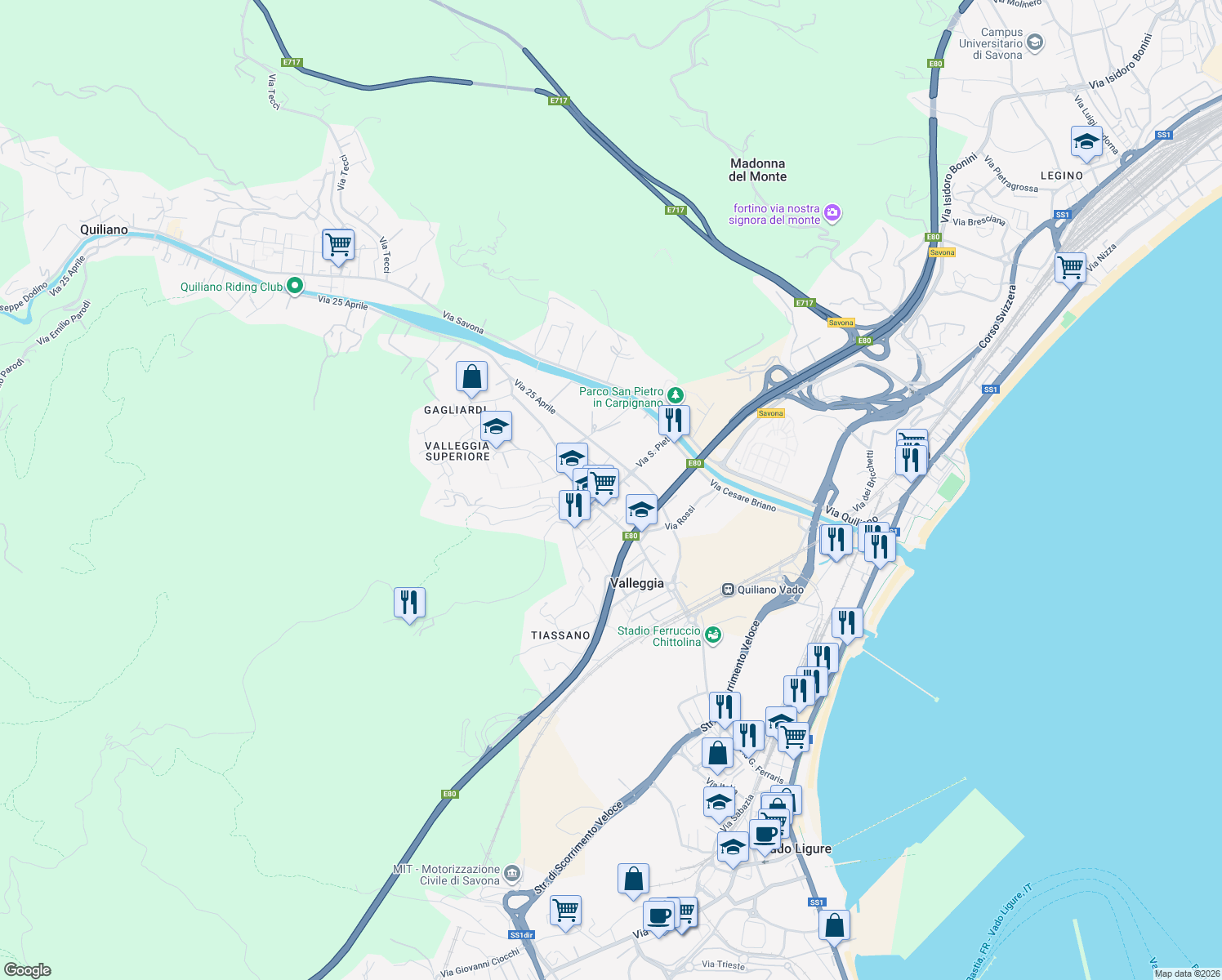 map of restaurants, bars, coffee shops, grocery stores, and more near 27 Via Armando Diaz in Valleggia