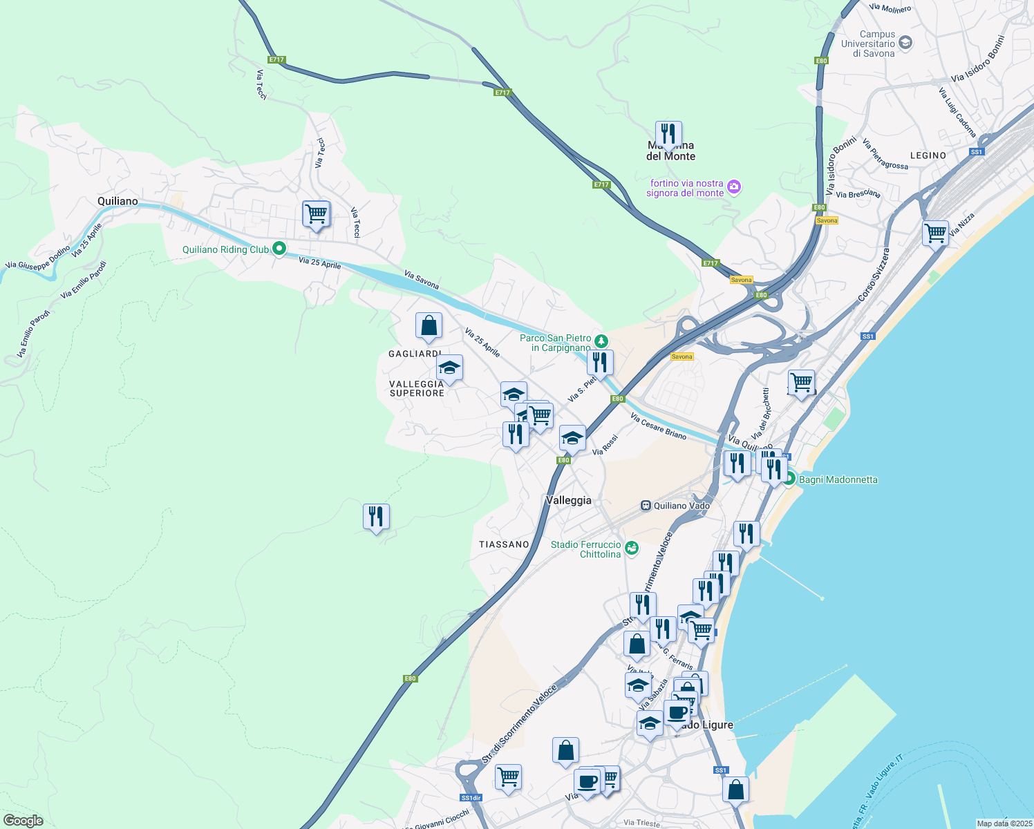 map of restaurants, bars, coffee shops, grocery stores, and more near Via XXV Aprile in Valleggia