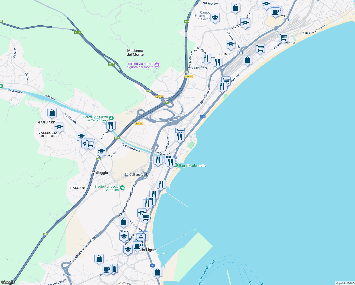 map of restaurants, bars, coffee shops, grocery stores, and more near 90-244 Via Nizza in Savona