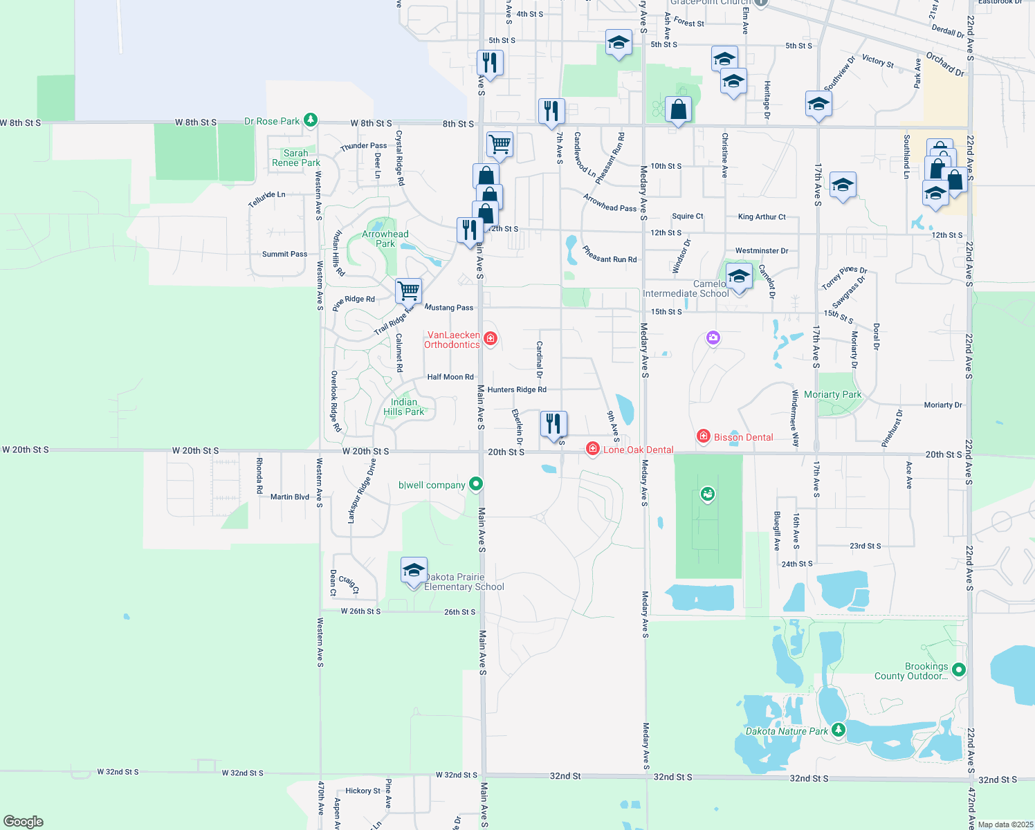 map of restaurants, bars, coffee shops, grocery stores, and more near 1803 Oriole Trail in Brookings