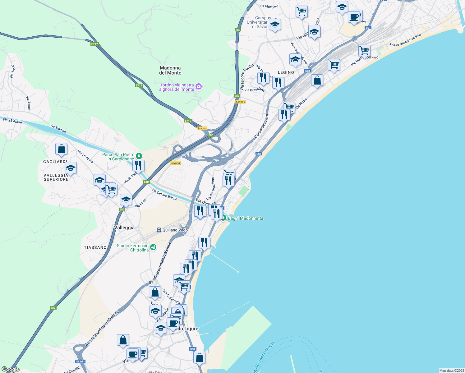 map of restaurants, bars, coffee shops, grocery stores, and more near 244 Via Nizza in Savona