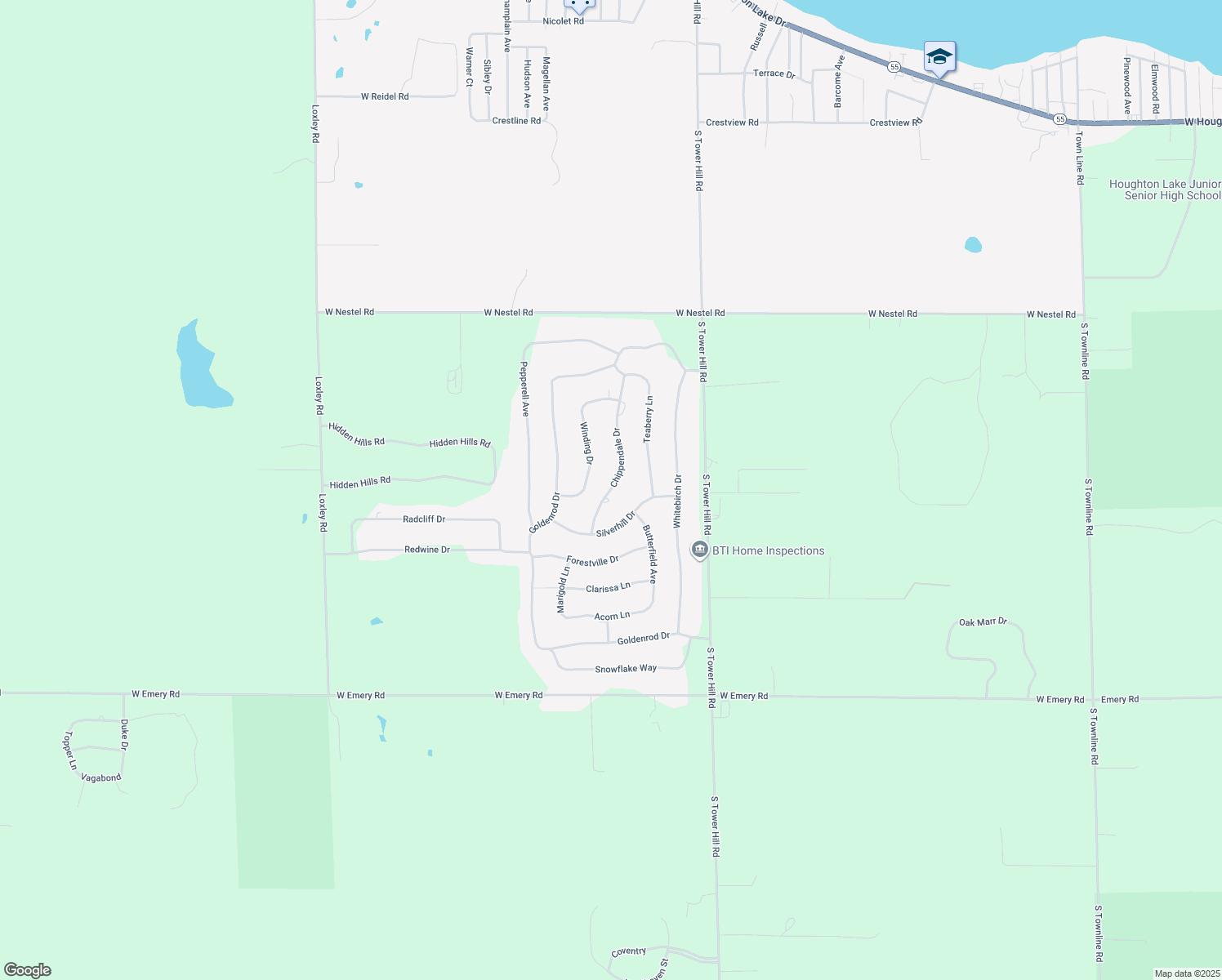 map of restaurants, bars, coffee shops, grocery stores, and more near 227 Chippendale Drive in Houghton Lake