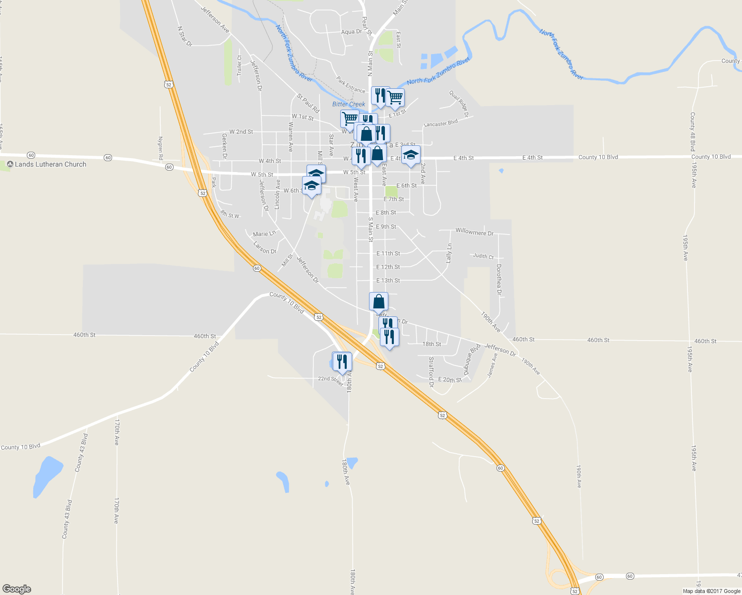 map of restaurants, bars, coffee shops, grocery stores, and more near 1403 West Avenue in Zumbrota