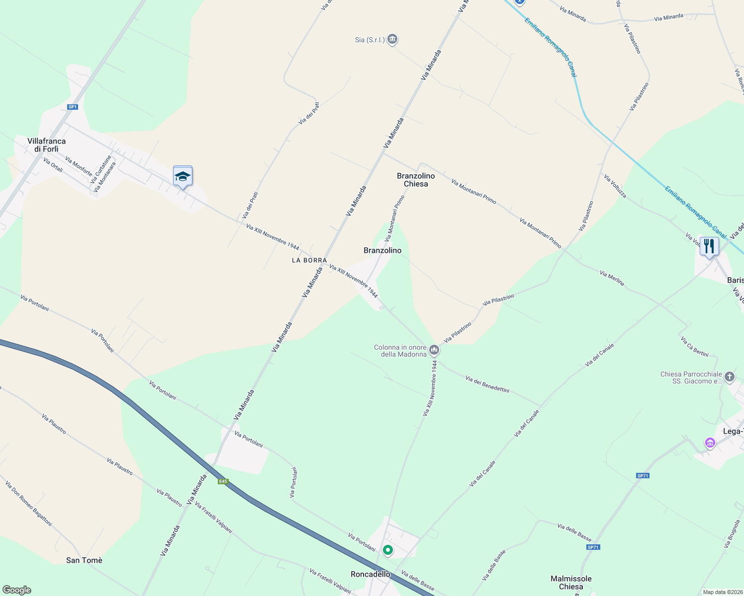 map of restaurants, bars, coffee shops, grocery stores, and more near 33 Via XIII Novembre 1944 in Provincia di Forlì-Cesena