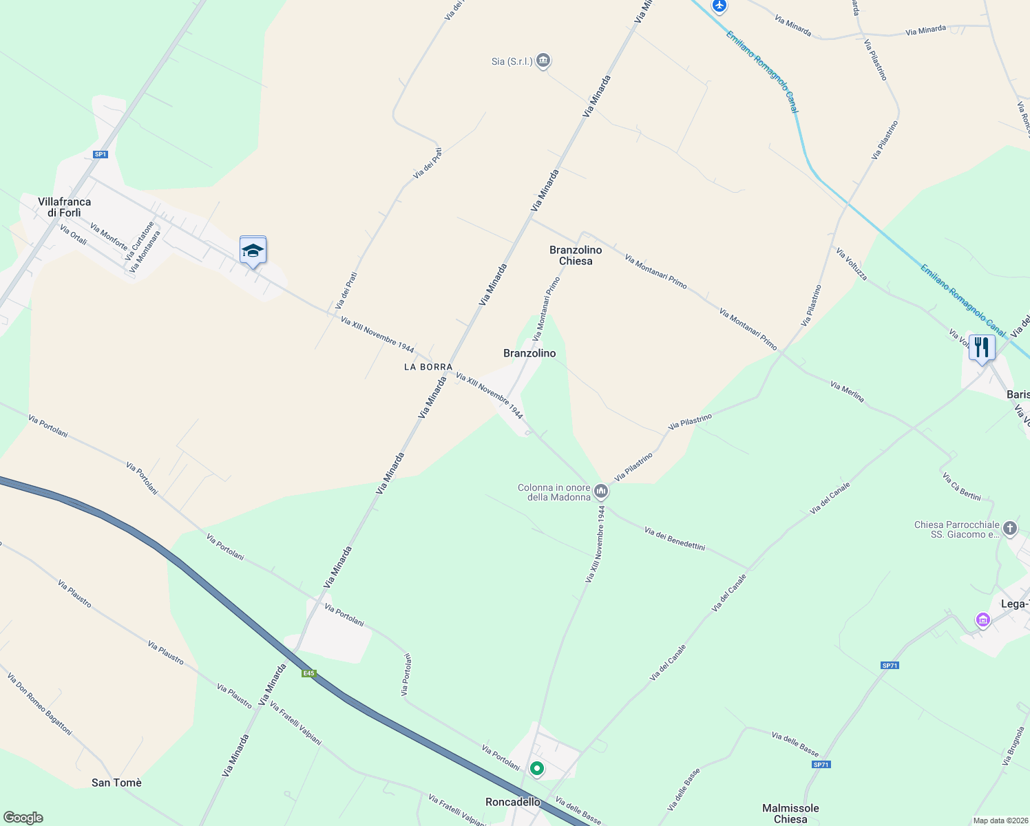 map of restaurants, bars, coffee shops, grocery stores, and more near 33 Via XIII Novembre 1944 in Provincia di Forlì-Cesena