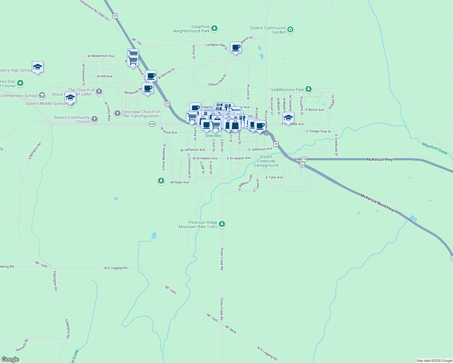 map of restaurants, bars, coffee shops, grocery stores, and more near 133 East Black Crater Avenue in Sisters