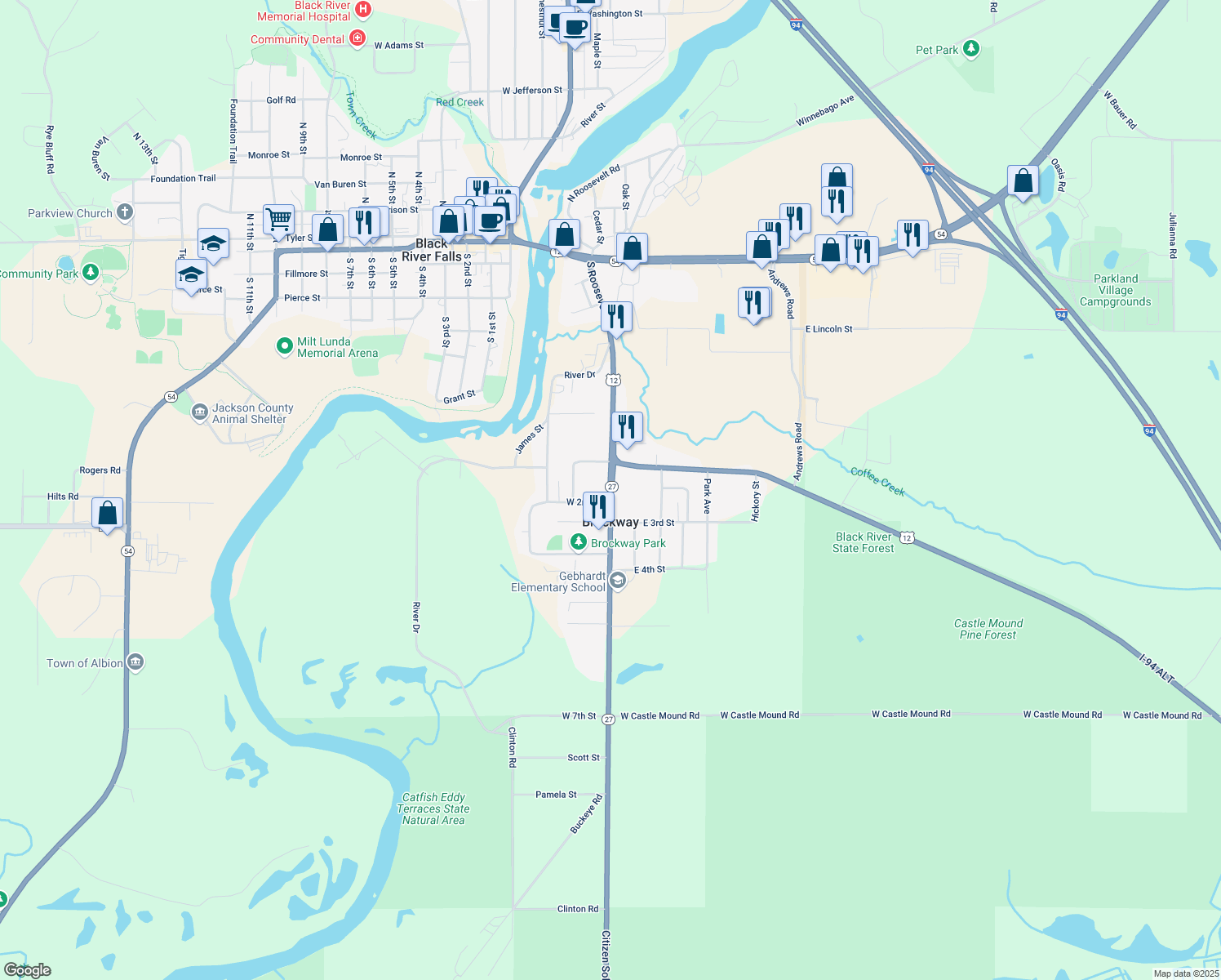 map of restaurants, bars, coffee shops, grocery stores, and more near 208 Gebhardt Road in Black River Falls