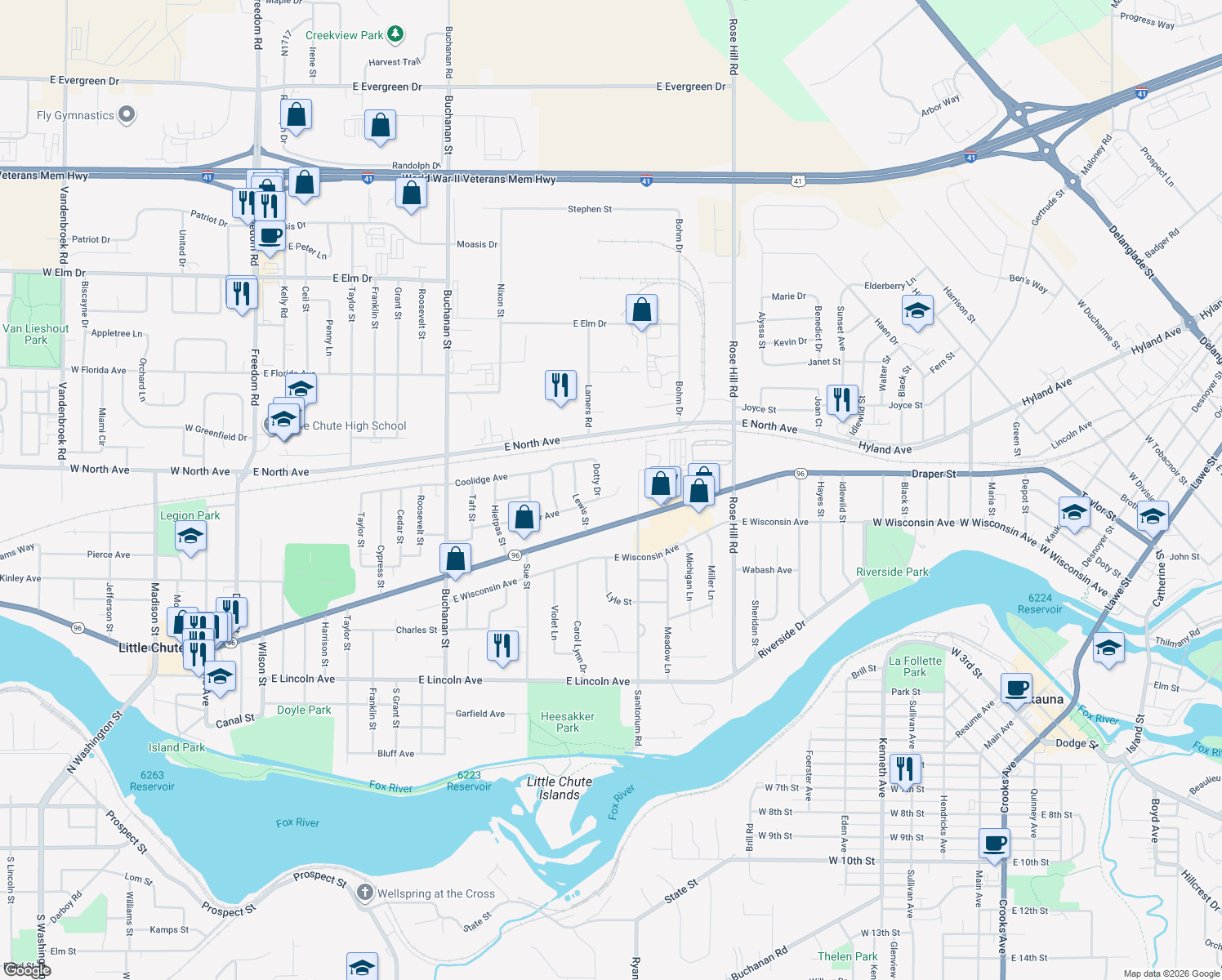map of restaurants, bars, coffee shops, grocery stores, and more near 1706 Hoover Ct in Little Chute