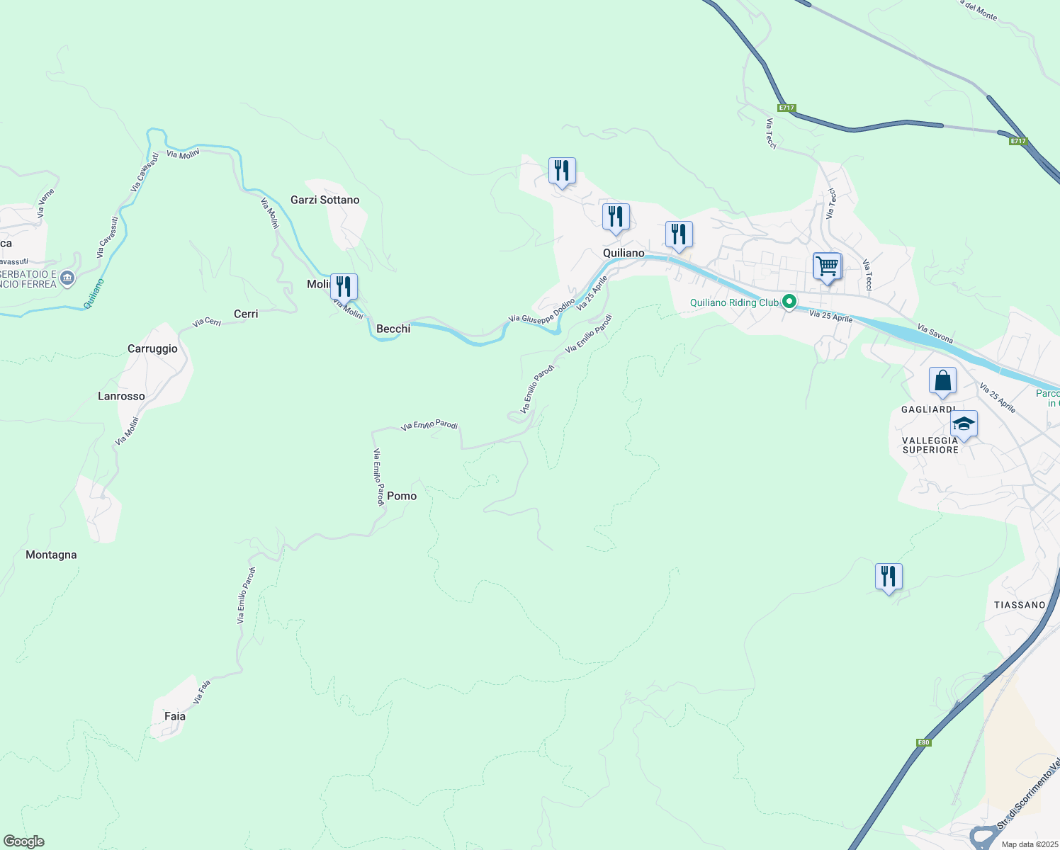 map of restaurants, bars, coffee shops, grocery stores, and more near 19 Via Emilio Parodi in Provincia di Savona