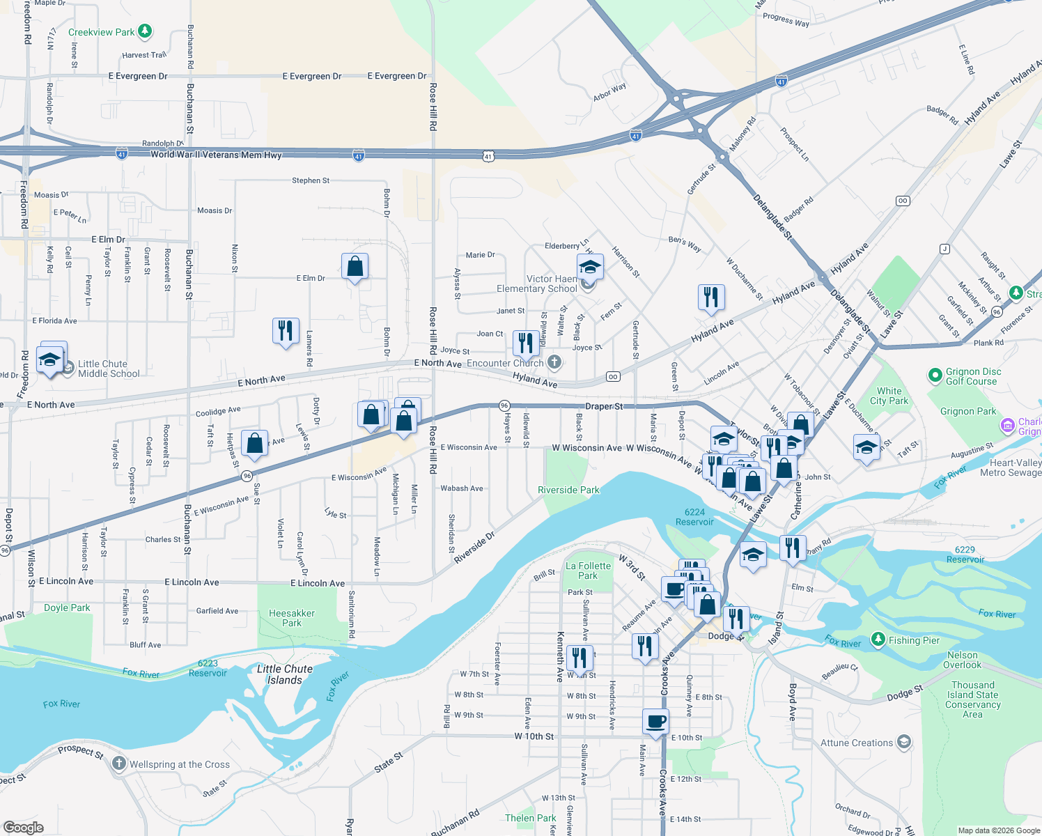 map of restaurants, bars, coffee shops, grocery stores, and more near 229 Idlewild Street in Kaukauna