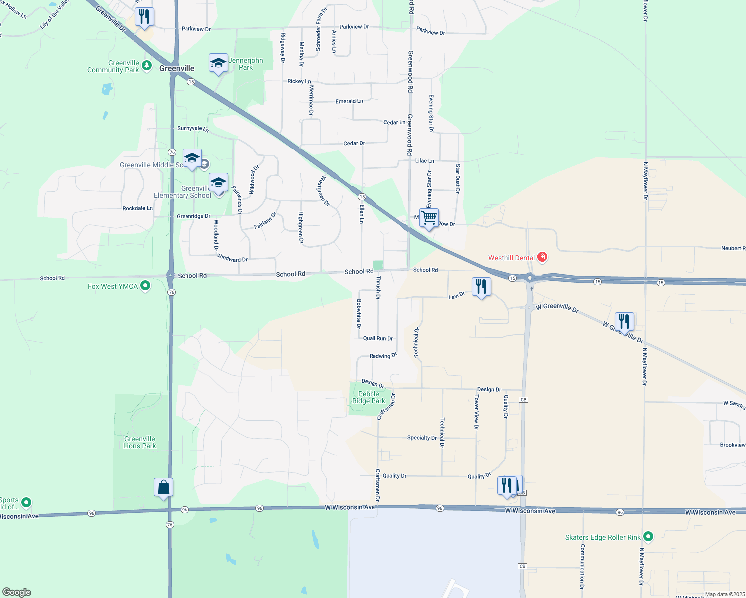 map of restaurants, bars, coffee shops, grocery stores, and more near N1251 Thrush Drive in Greenville