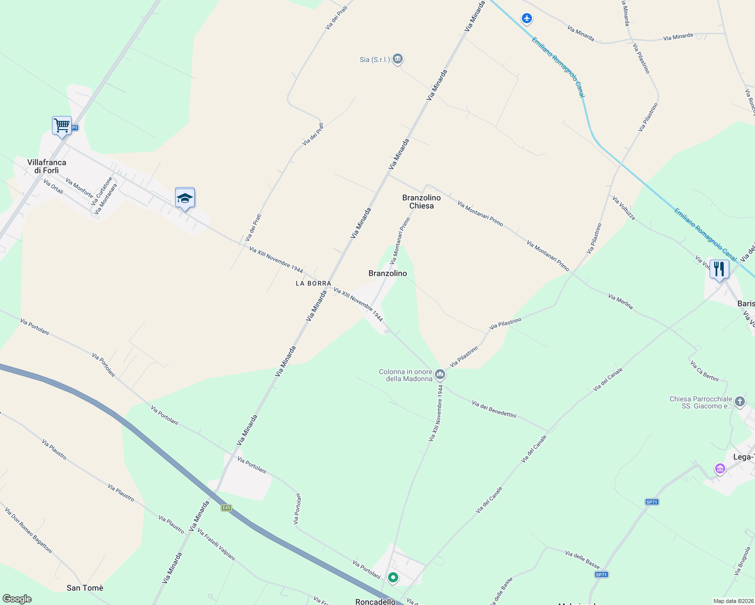 map of restaurants, bars, coffee shops, grocery stores, and more near 2 Via Montanari Primo in Branzolino