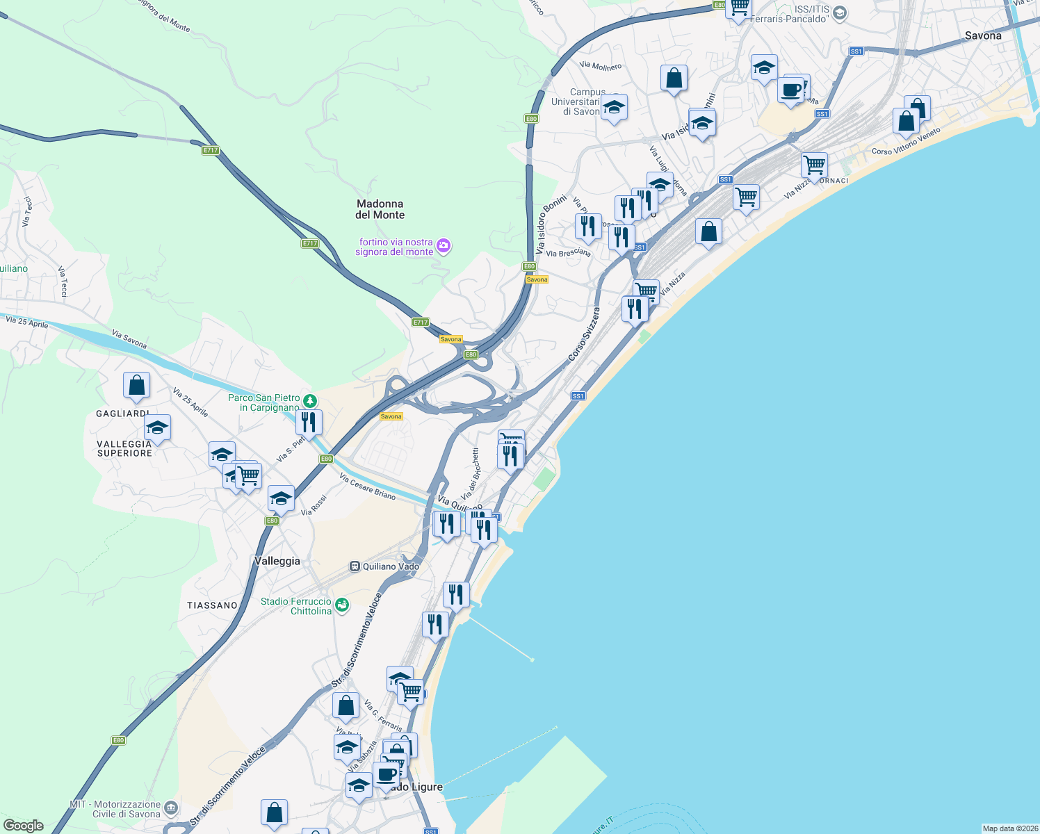 map of restaurants, bars, coffee shops, grocery stores, and more near 78 Via Nizza in Savona