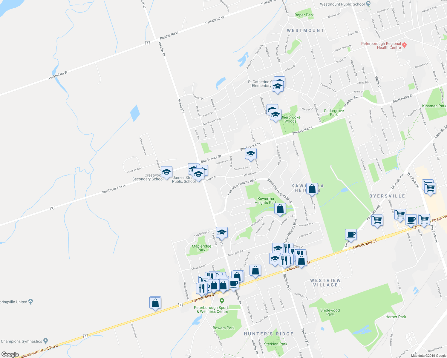 map of restaurants, bars, coffee shops, grocery stores, and more near 2233 Denure Drive in Peterborough