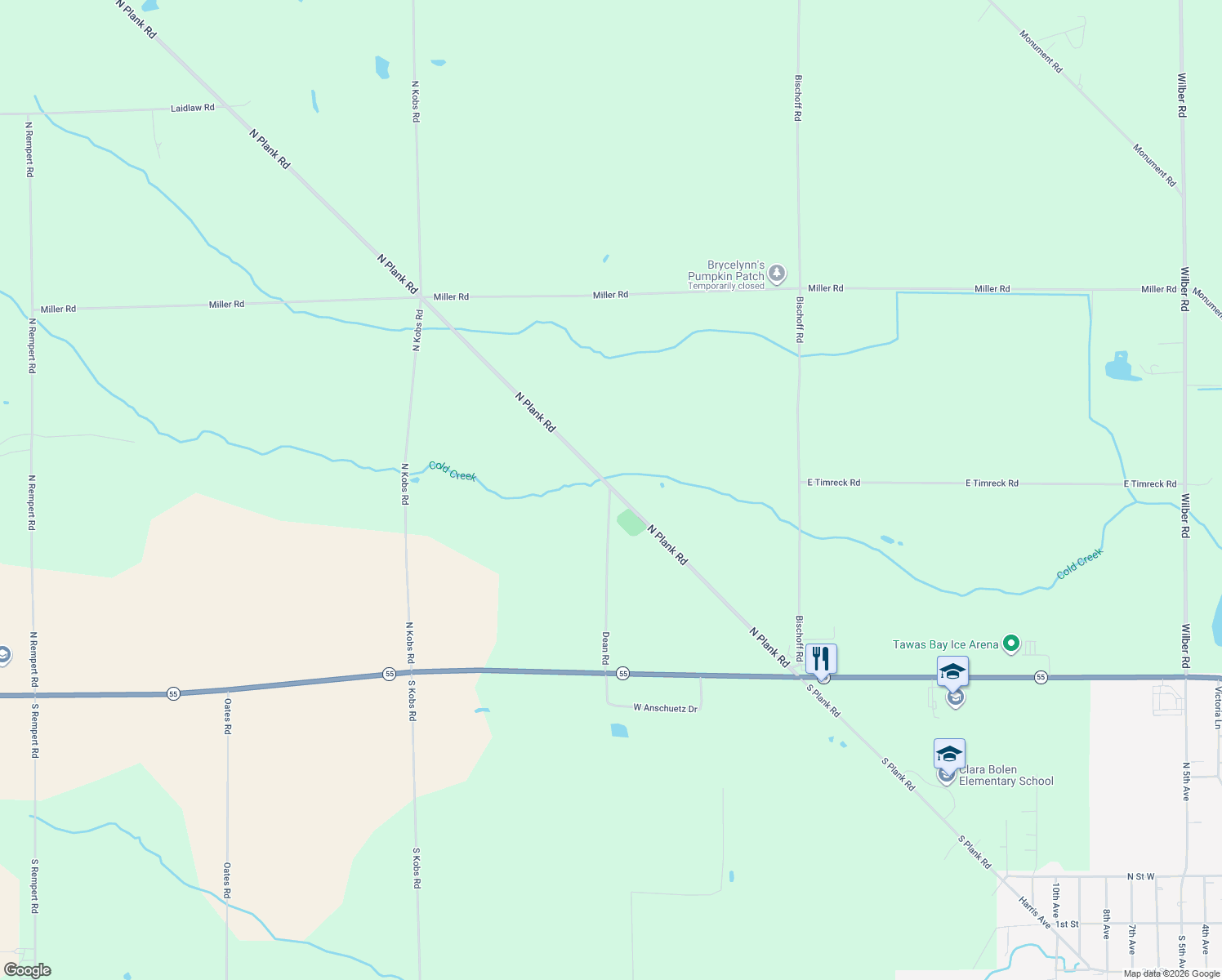 map of restaurants, bars, coffee shops, grocery stores, and more near 249 N Plank Rd in Tawas City