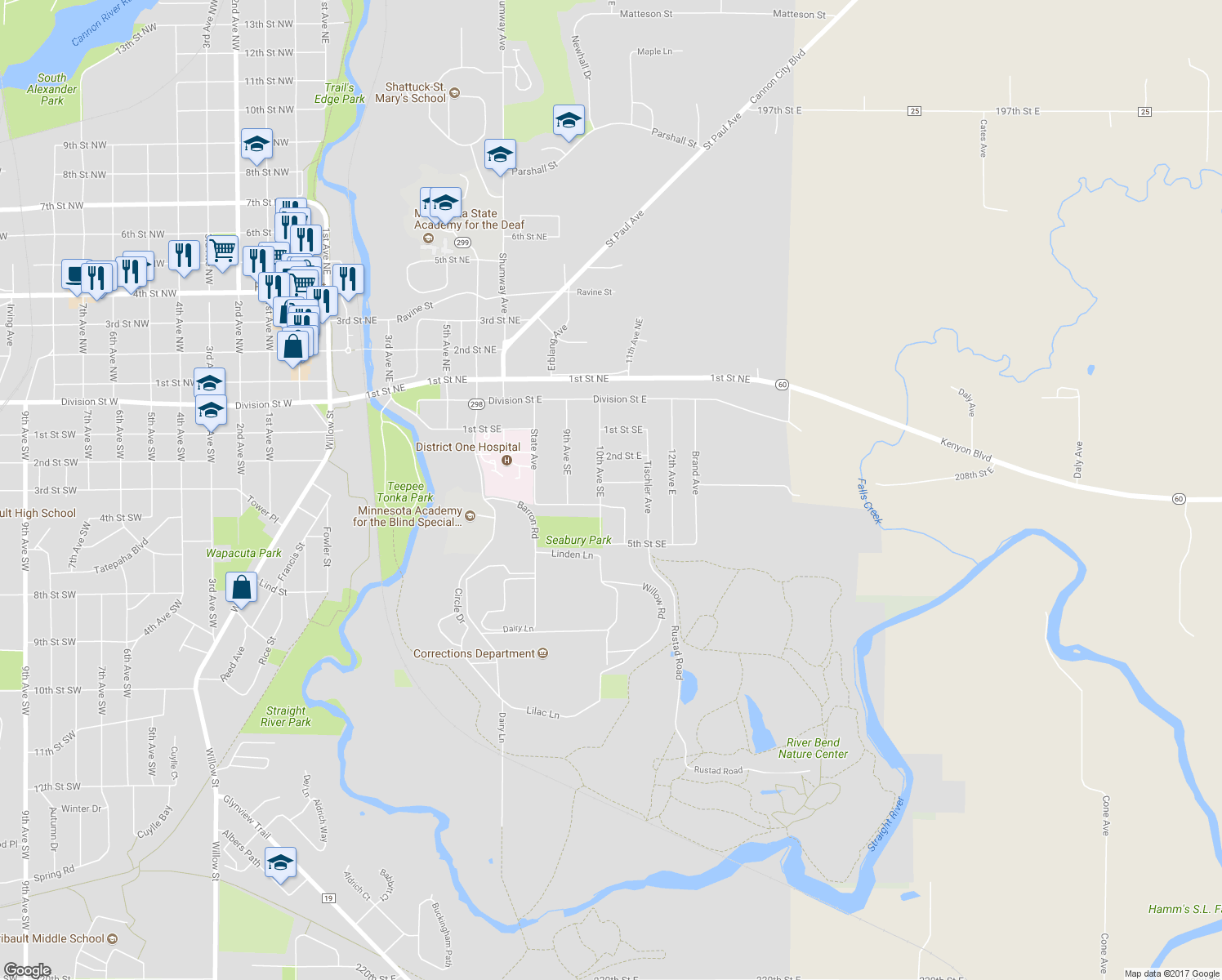 map of restaurants, bars, coffee shops, grocery stores, and more near 1007 3rd Street Southeast in Faribault