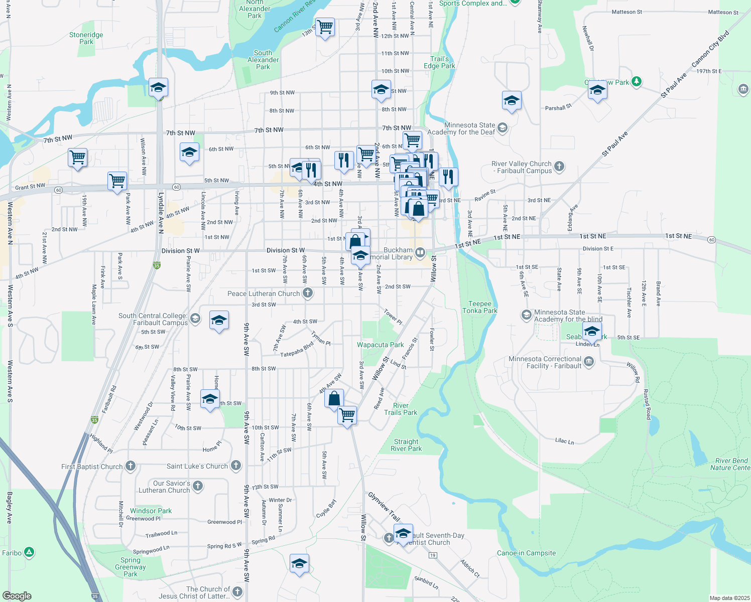 map of restaurants, bars, coffee shops, grocery stores, and more near 228 2nd Avenue Southwest in Faribault