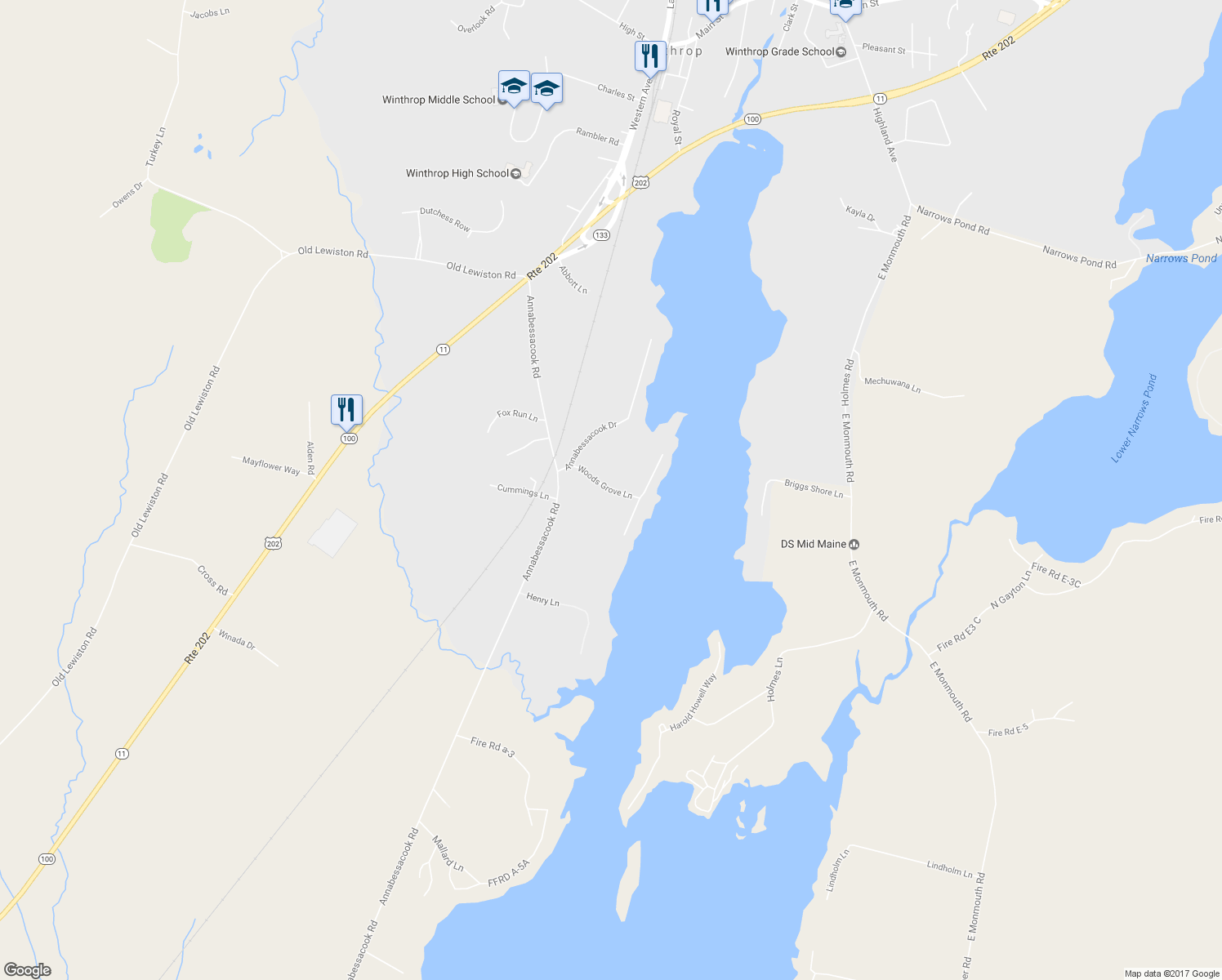 map of restaurants, bars, coffee shops, grocery stores, and more near Woods Grove Lane in Winthrop
