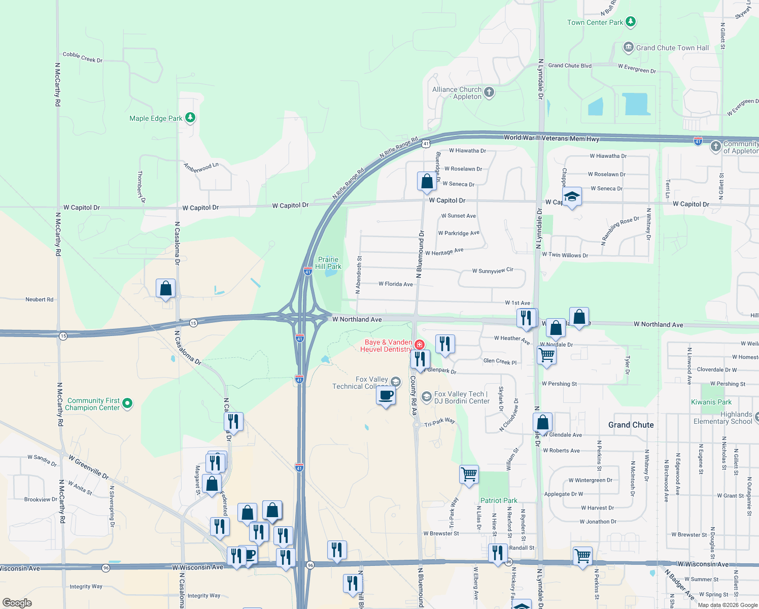 map of restaurants, bars, coffee shops, grocery stores, and more near 3585 West 1st Avenue in Appleton