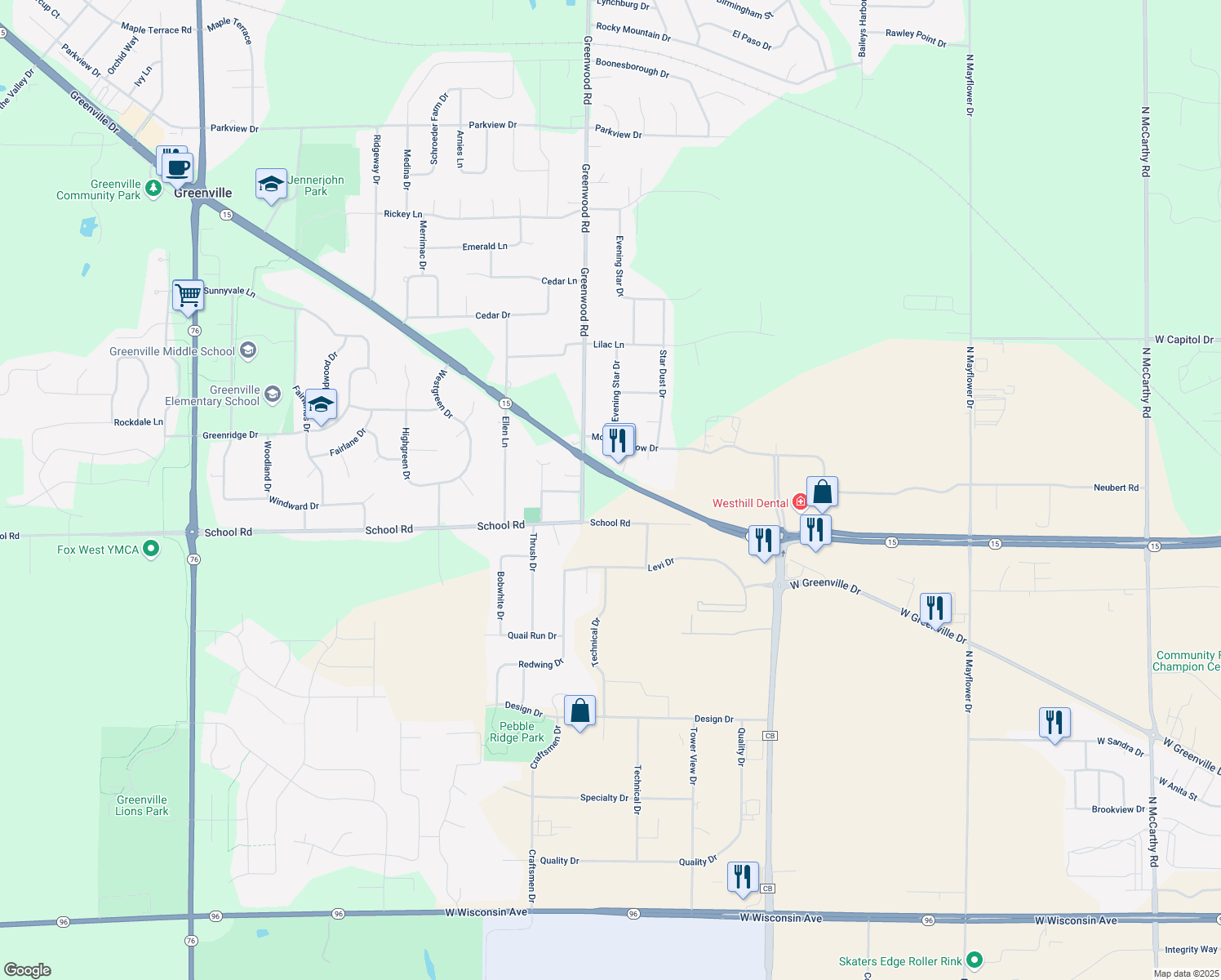 map of restaurants, bars, coffee shops, grocery stores, and more near W6463 Greenville Dr in Greenville