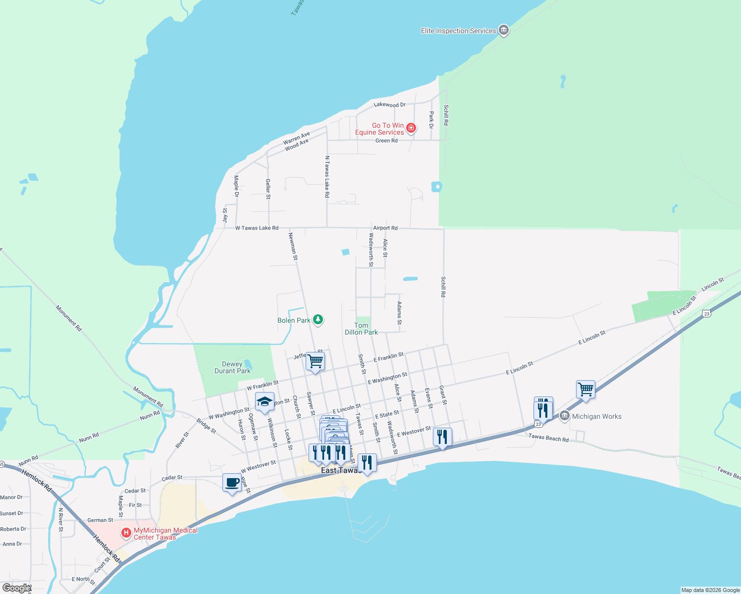 map of restaurants, bars, coffee shops, grocery stores, and more near 499 Bennington St in East Tawas