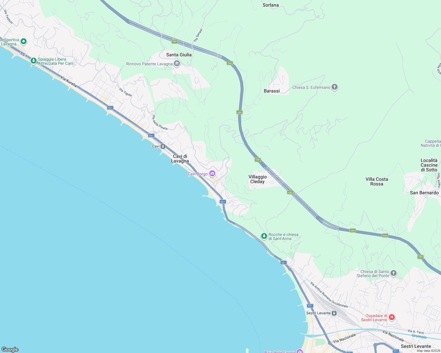 map of restaurants, bars, coffee shops, grocery stores, and more near 11 Via dei Fiori in Lavagna
