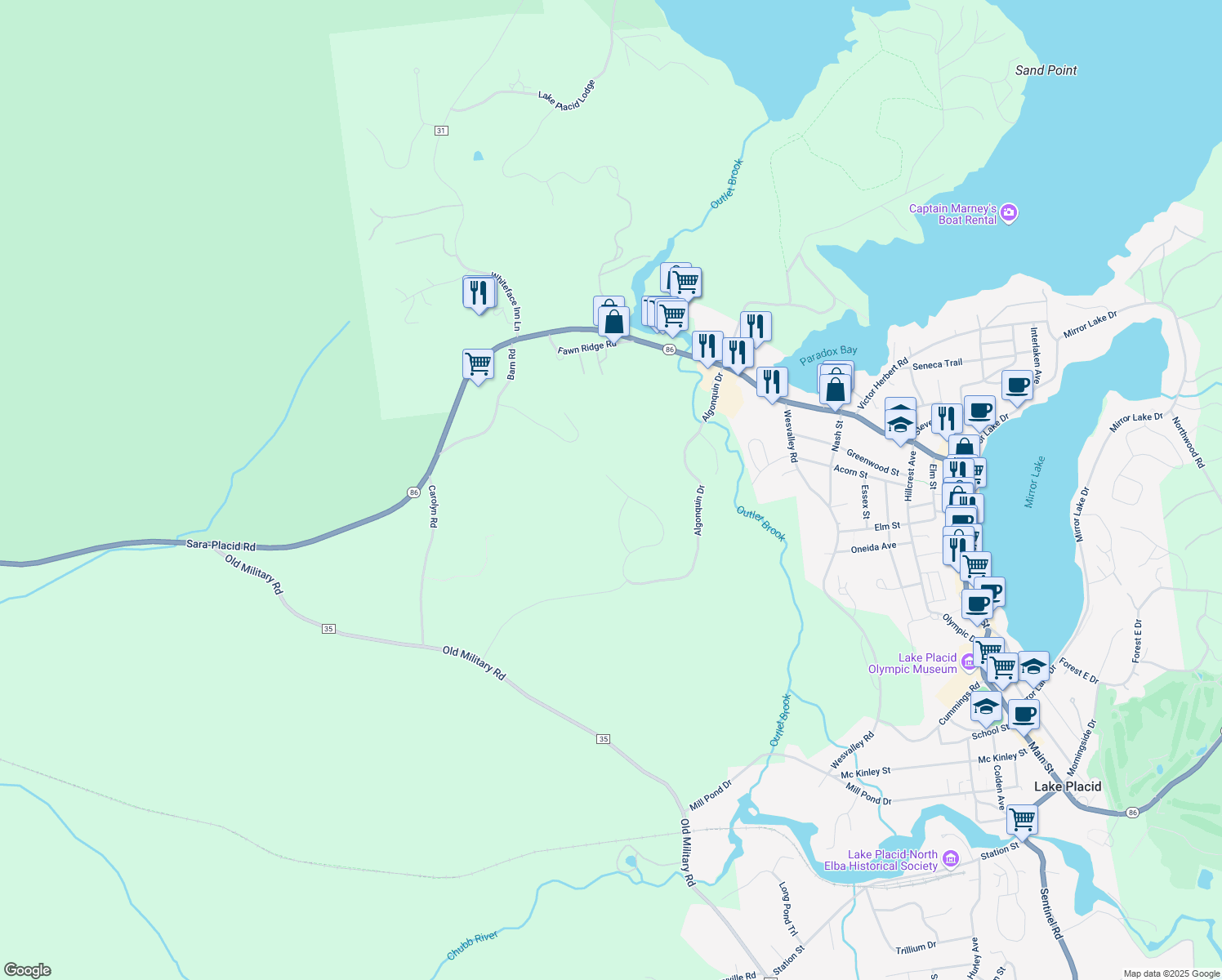 map of restaurants, bars, coffee shops, grocery stores, and more near 241 Algonquin Dr in Lake Placid