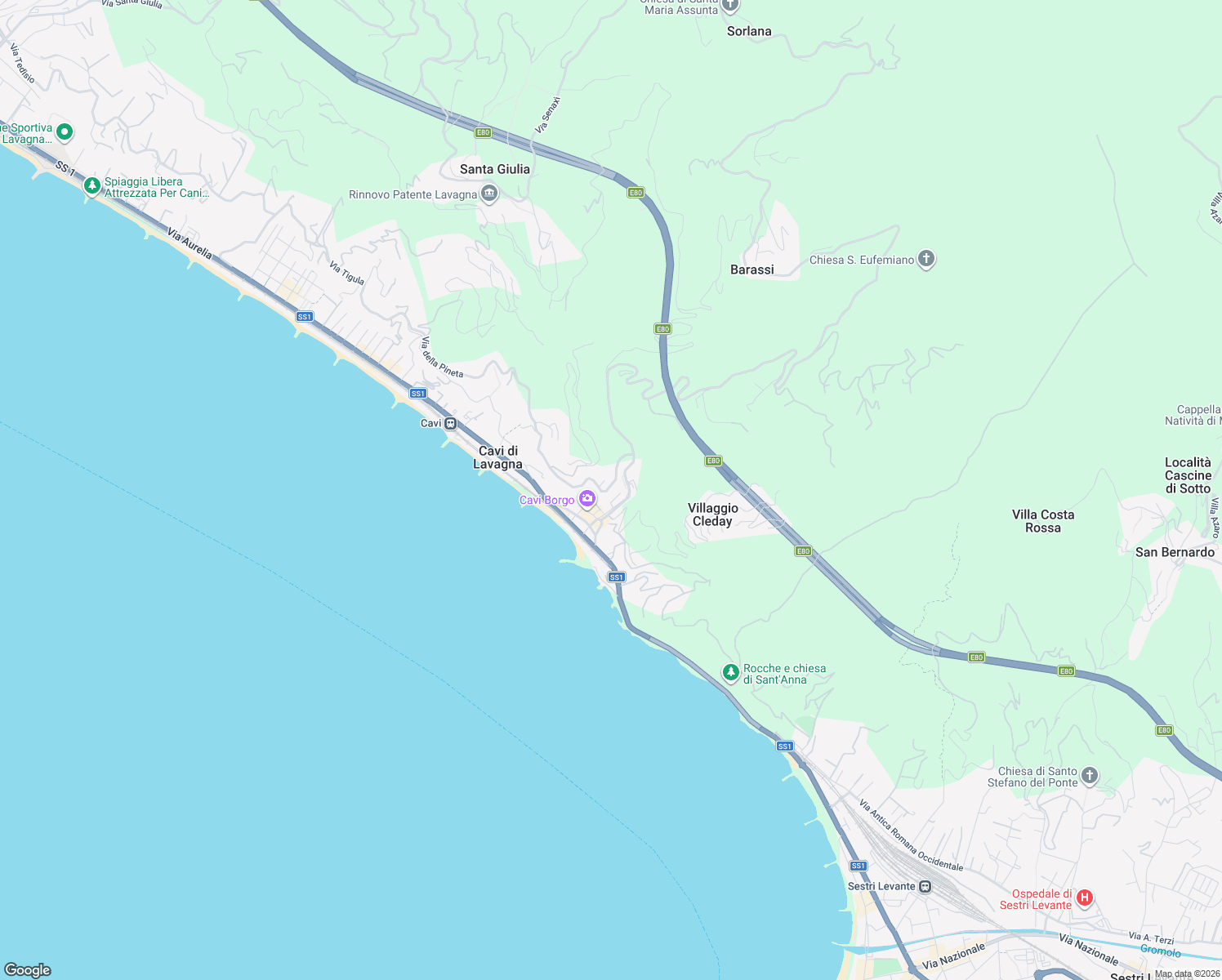 map of restaurants, bars, coffee shops, grocery stores, and more near 11 Via dei Fiori in Lavagna