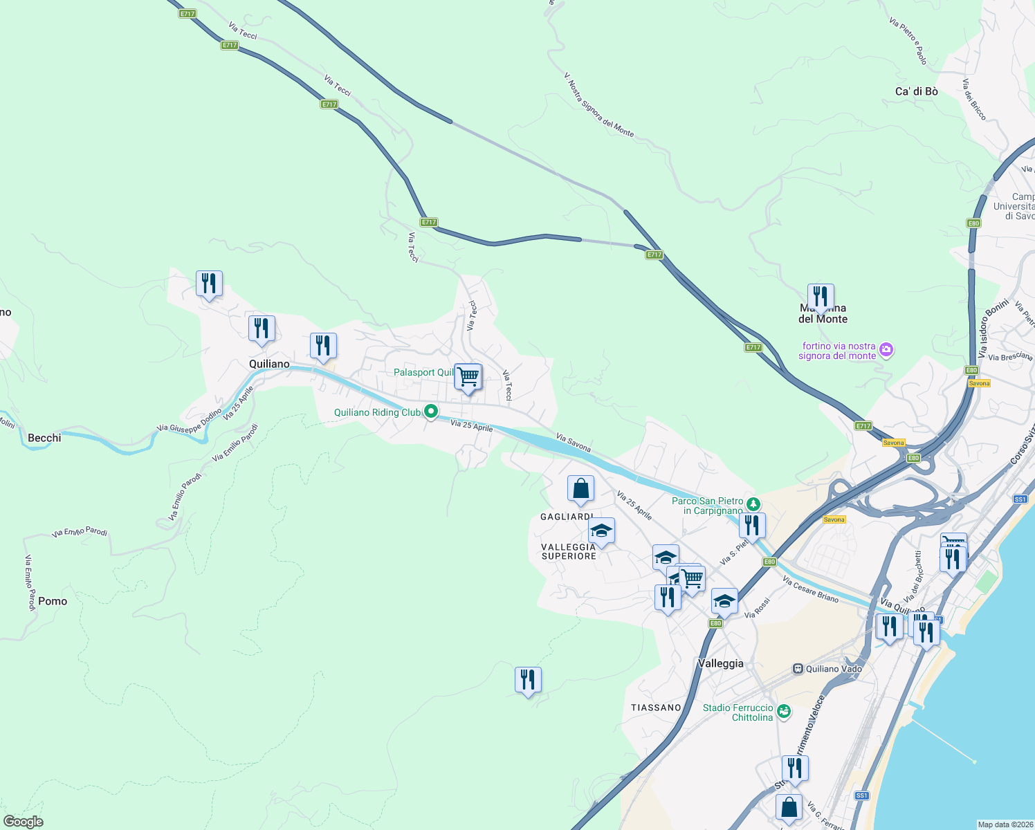 map of restaurants, bars, coffee shops, grocery stores, and more near 4 Via Savona in Quiliano
