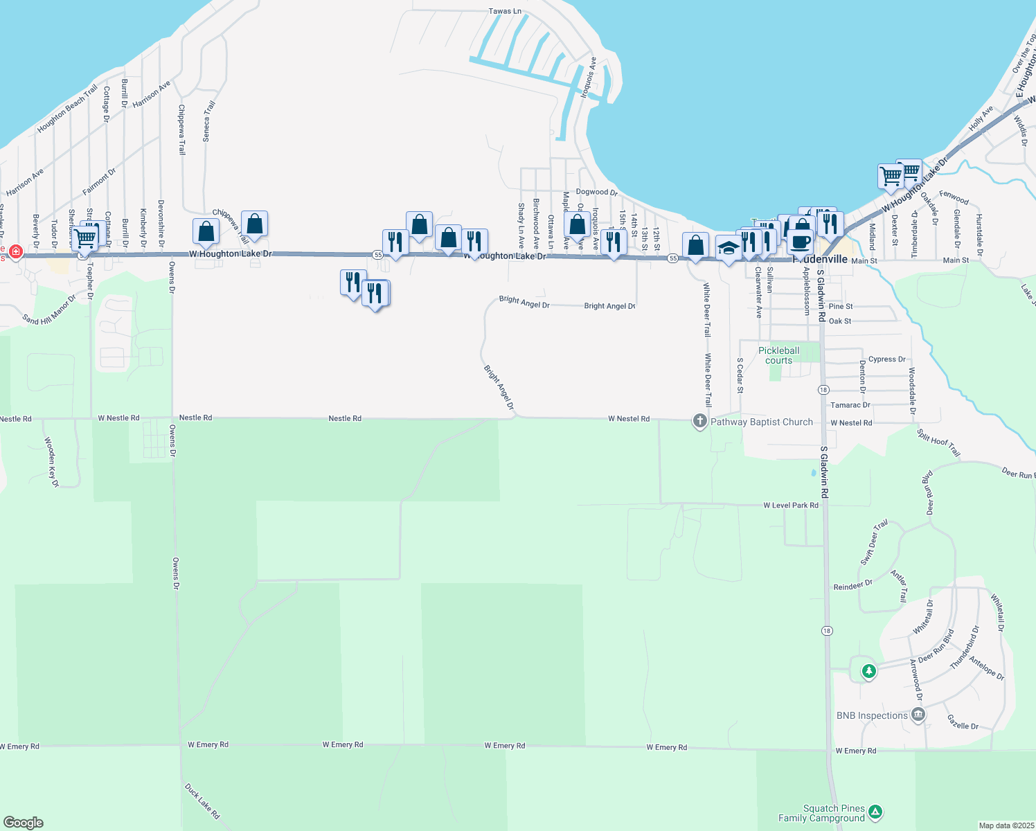 map of restaurants, bars, coffee shops, grocery stores, and more near 2998 W Nestel Rd in Denton Township