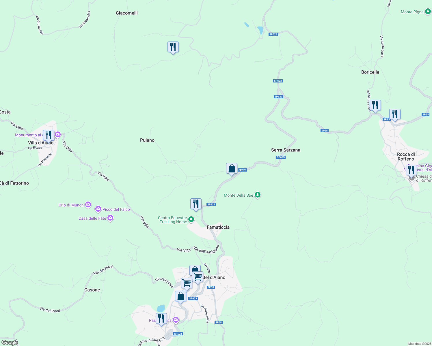 map of restaurants, bars, coffee shops, grocery stores, and more near 5 Via Pulano in Castel D`Aiano