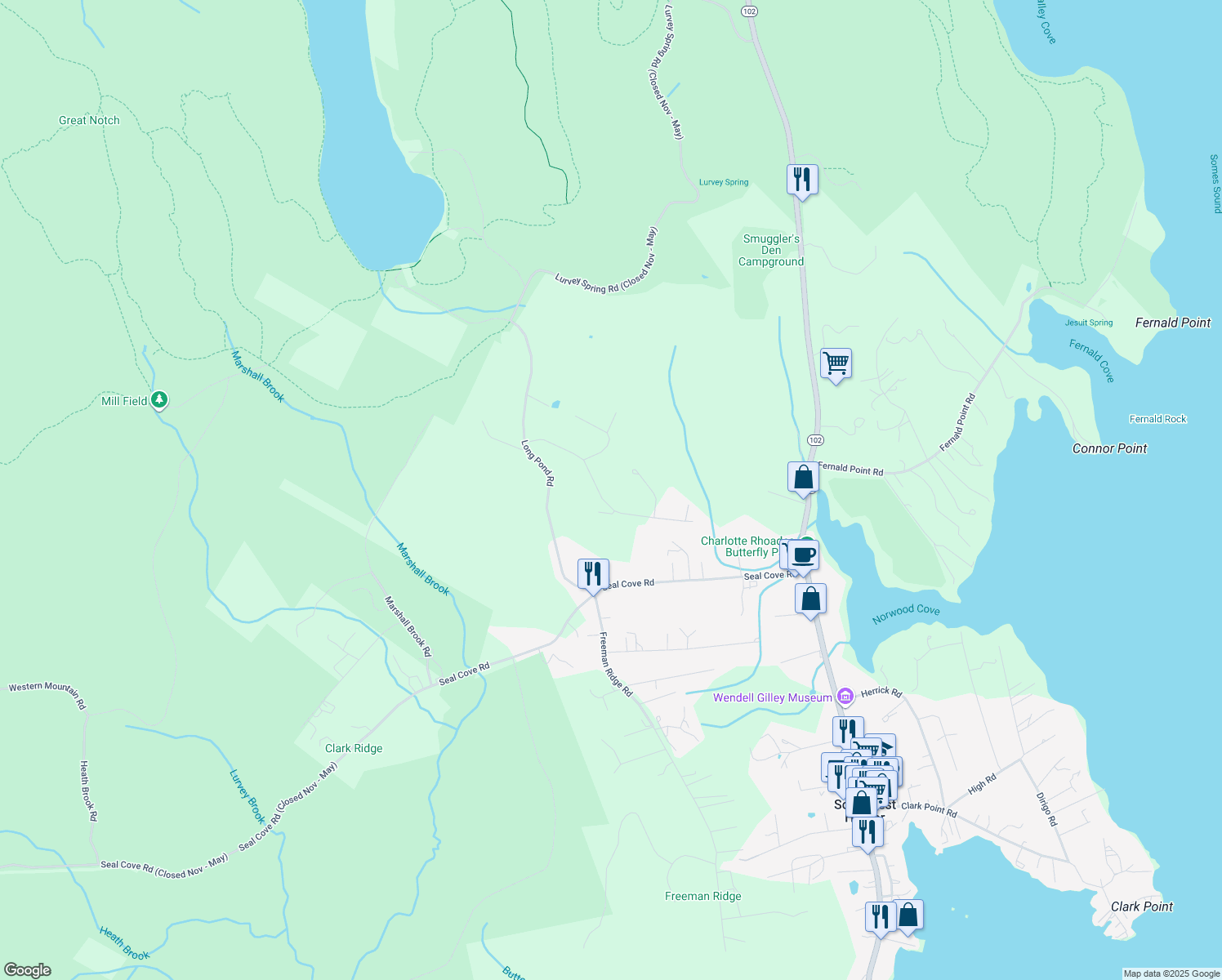 map of restaurants, bars, coffee shops, grocery stores, and more near 27 Salem Towne Road in Southwest Harbor