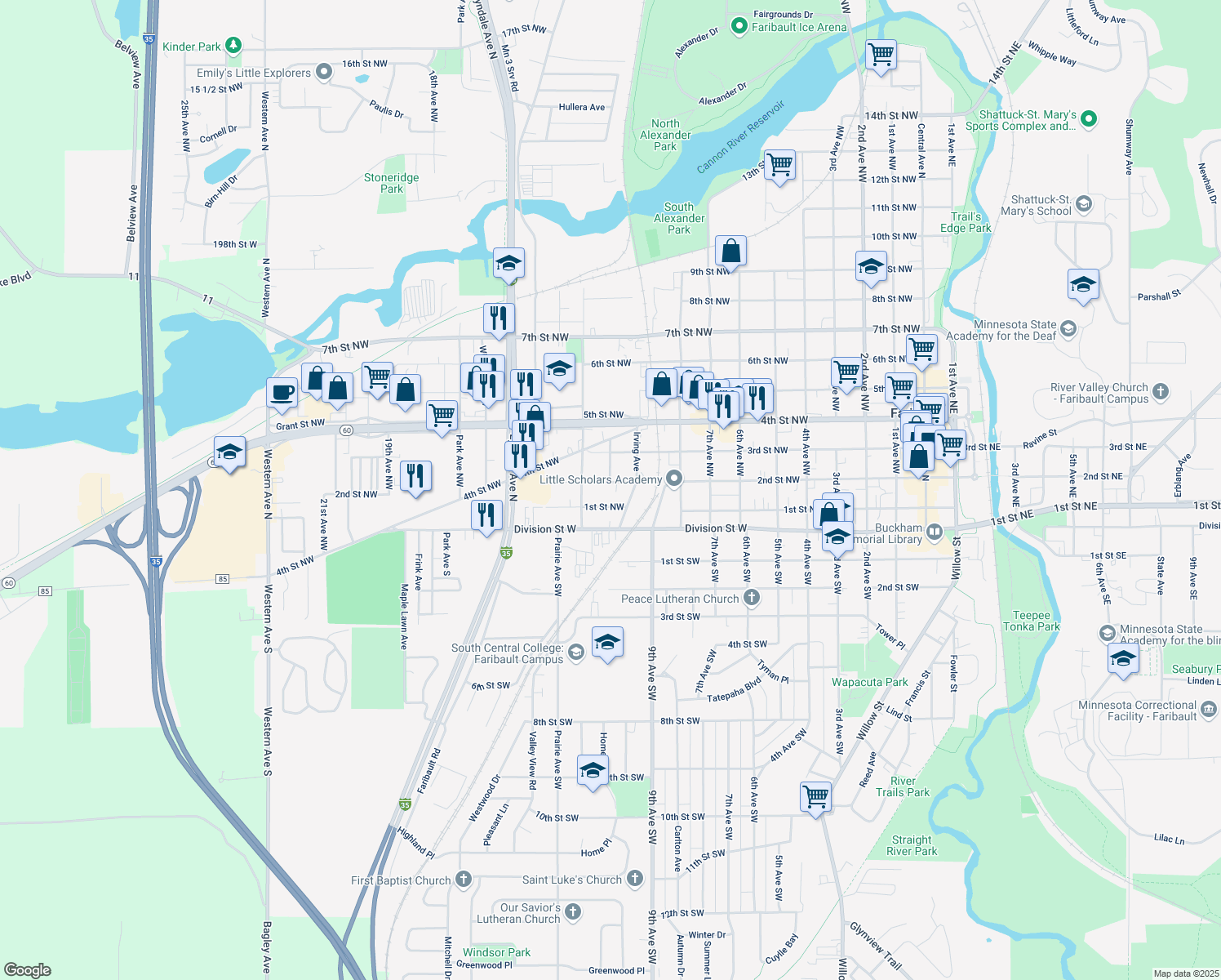 map of restaurants, bars, coffee shops, grocery stores, and more near 1029 2nd Street Northwest in Faribault