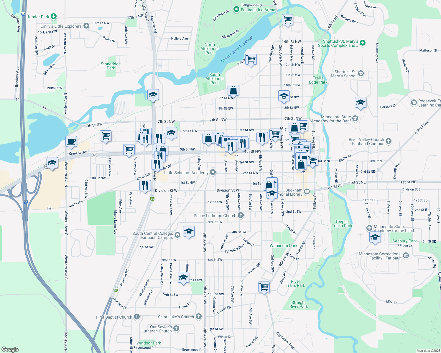 map of restaurants, bars, coffee shops, grocery stores, and more near 715 2nd Street Northwest in Faribault