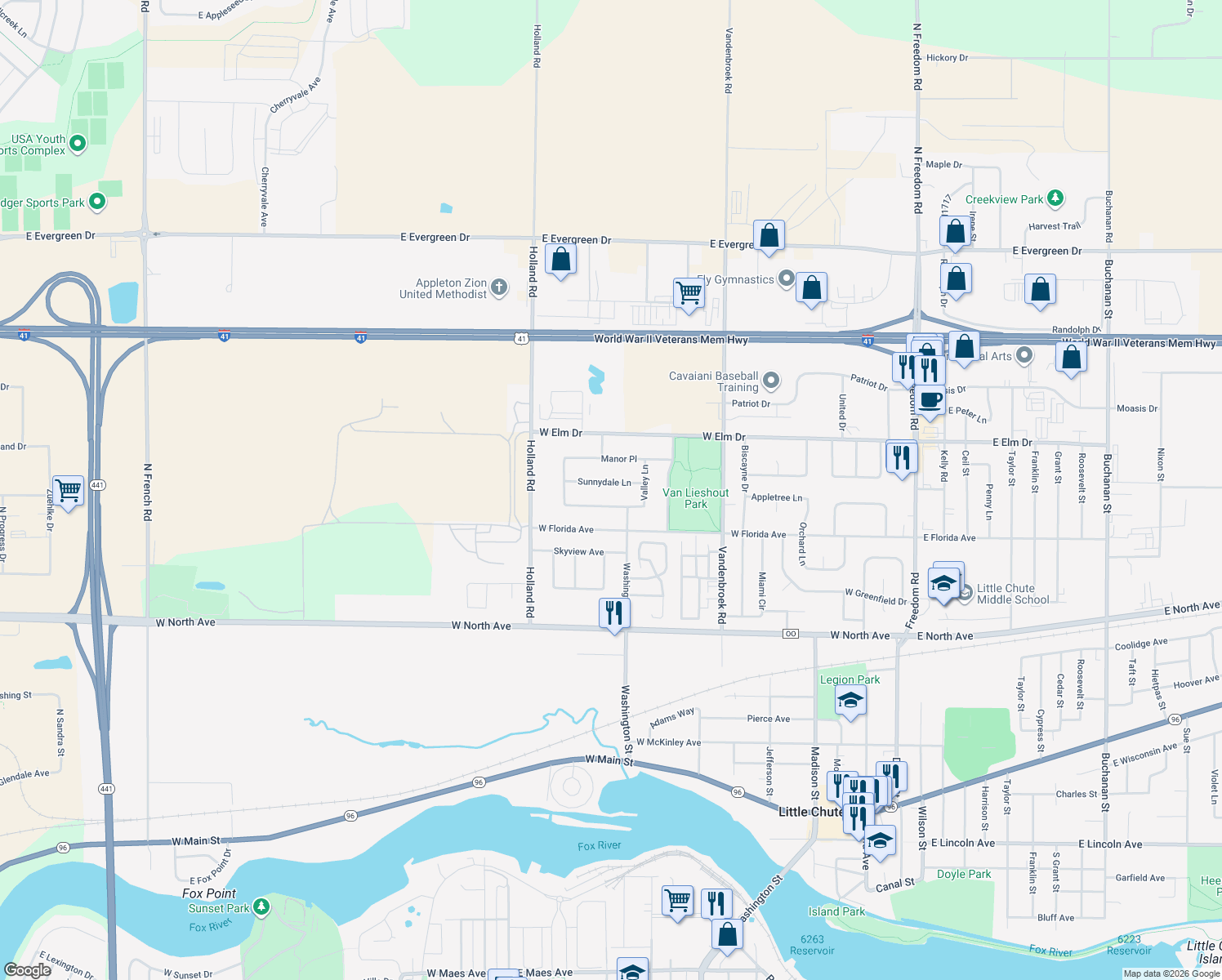 map of restaurants, bars, coffee shops, grocery stores, and more near 915 Sunnydale Ln in Little Chute